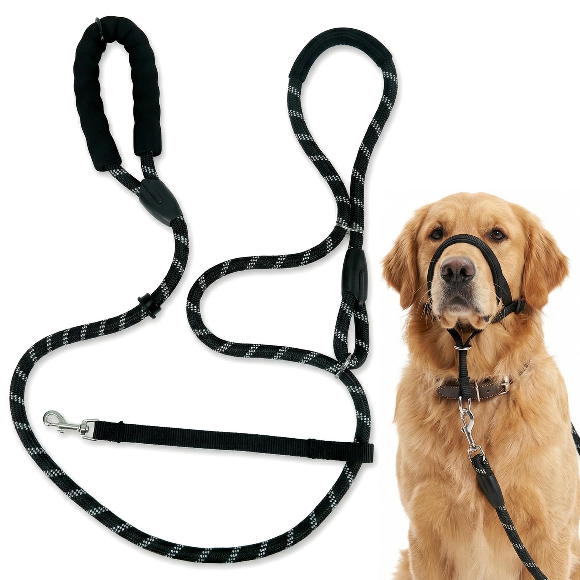 Figure of 8 Dog Lead Anti Pull, Slip Leads for Medium/Large Dogs Walking with Nose Neoprene Padding & Collar Attachment, Reflective, Safety Clip, Adjustable Rubber Stopper (Black）