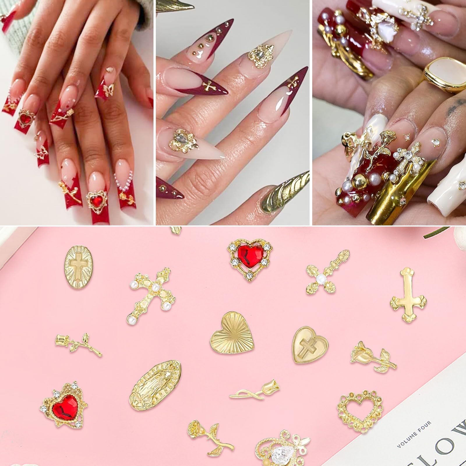 Gold Nail Charms,80Pcs Cross, Rose, Heart - Image 4