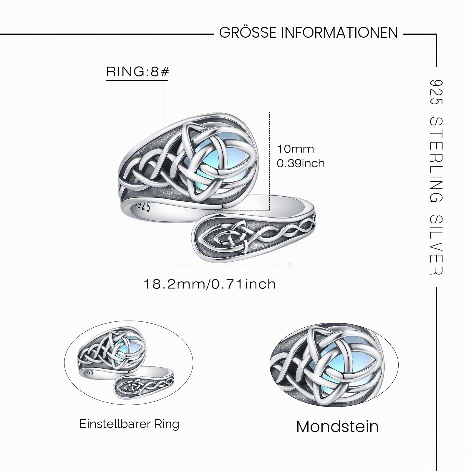 Löffelring 925 Sterling Silber Verstellbar für Damen mit Verschiedenen Motiven - Keltisch, Tier, Natur, Blume, Gotisch Schmuck Geschenk