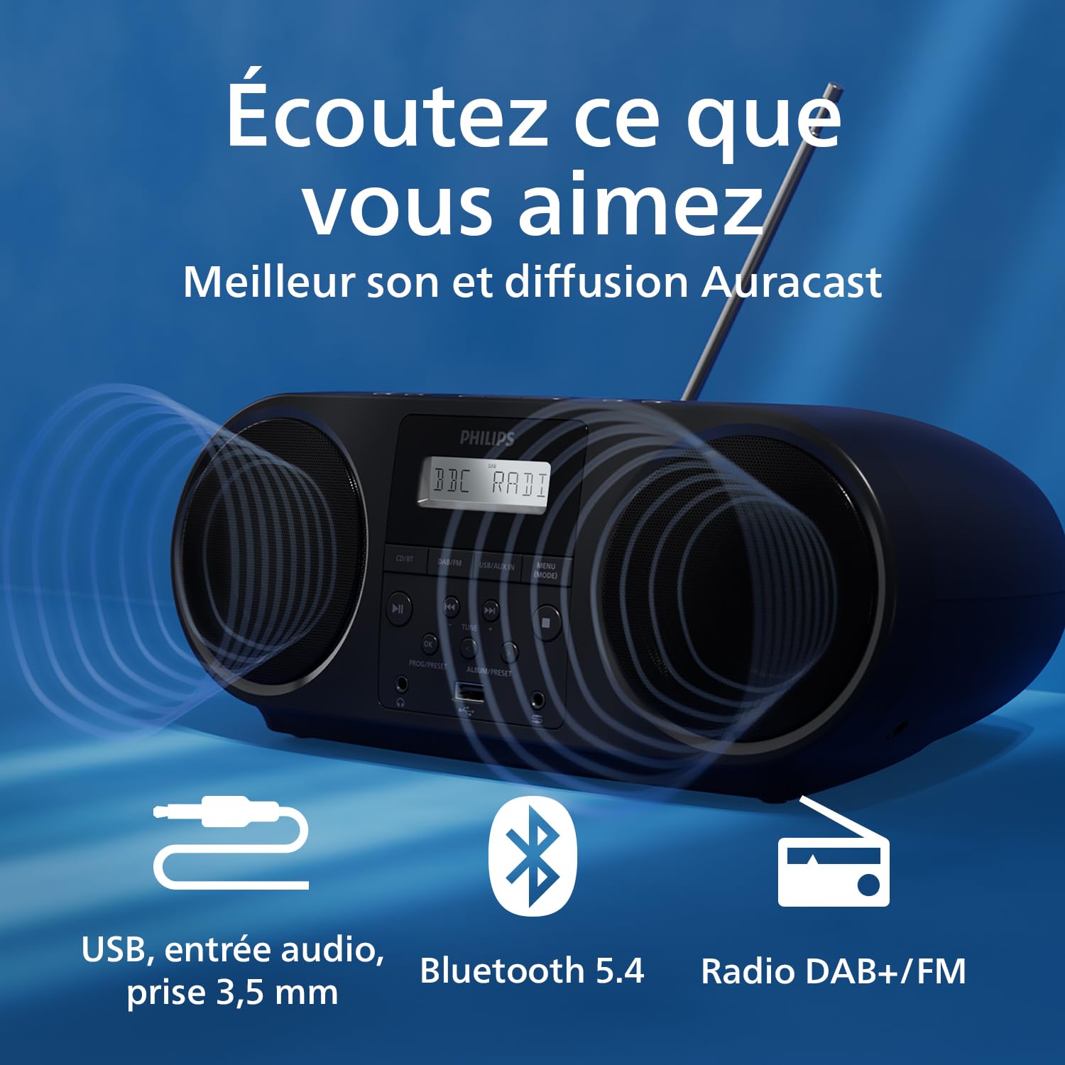 Philips TAZ6000 Lecteur CD/Radio FM Tout-en-Un DAB+ Bluetooth 5.4 USB Batterie CA Amplification Dynamique des Basses