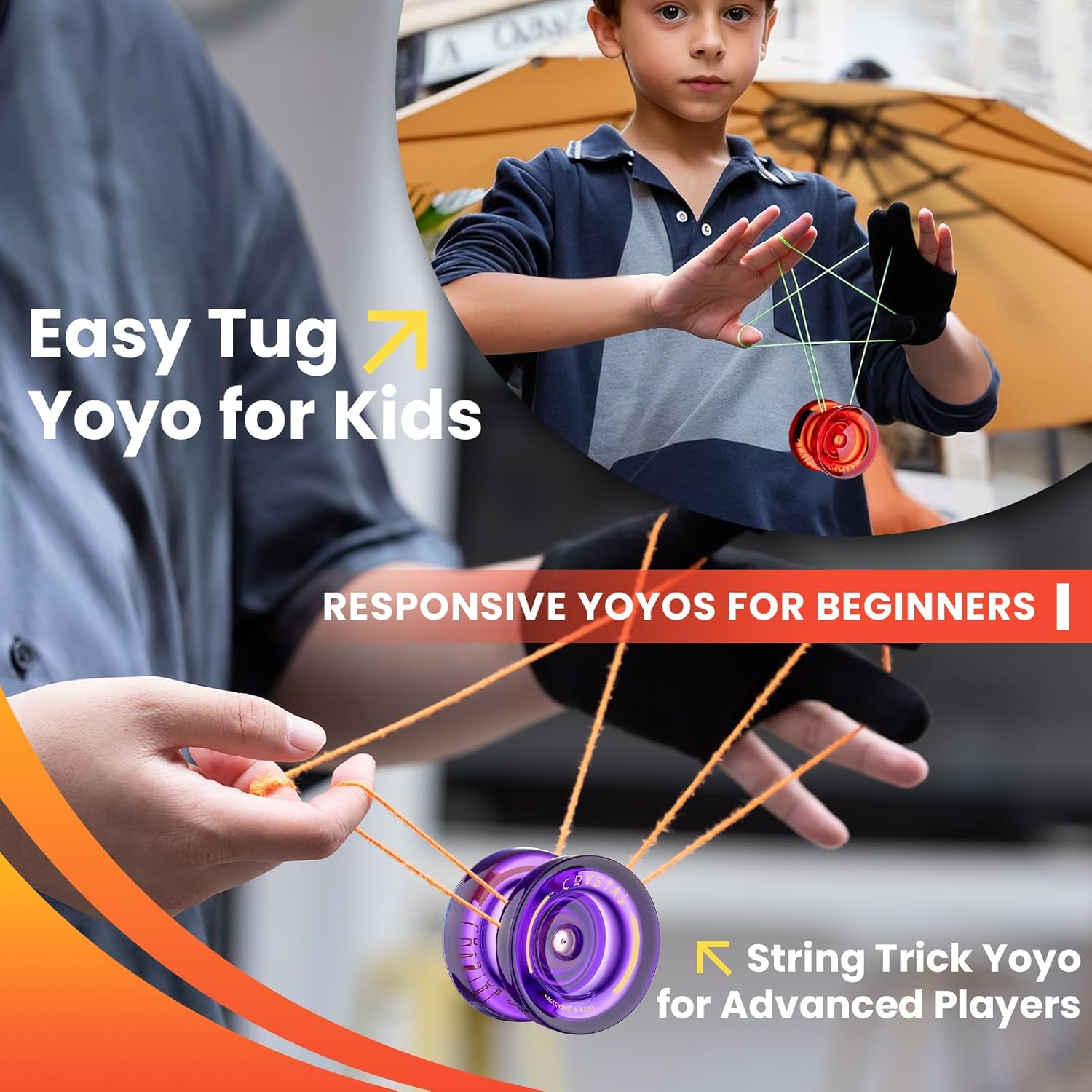 MAGICYOYO K2 Crystal Responsive Yoyos for Kids 8-12, Unresponsive Yoyo Pack with Finger Spin Function, Professional Yo yo with Bearing Kit, 12 Yo-yo Strings+2 Sacks (Red+Purple)