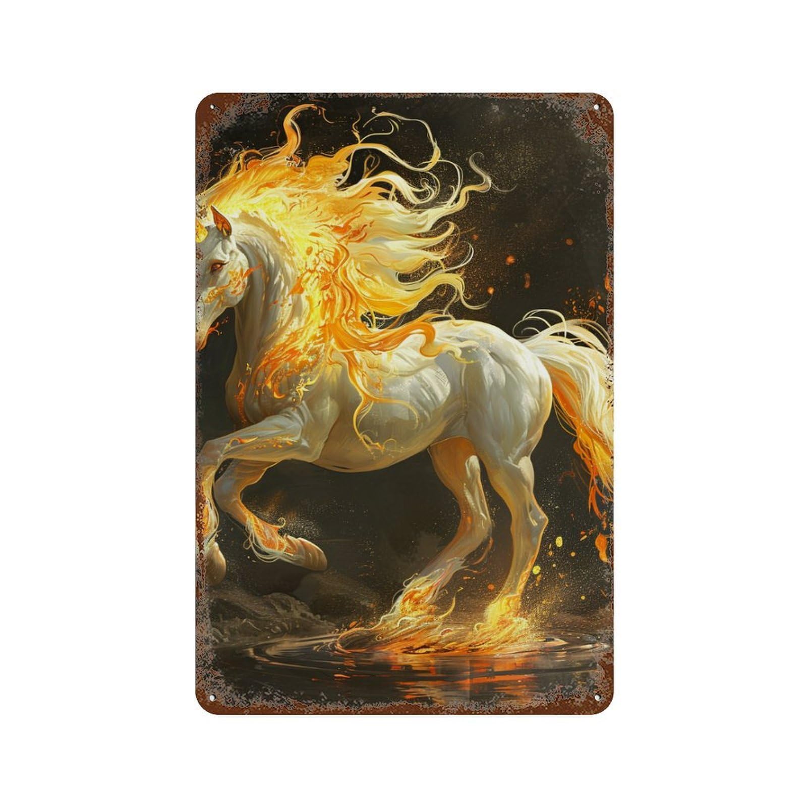Flaming Horse Fantasy Artwork Aged Metal Wall Plaque 11.8"x7.9", for Pub, Kitchen And Man Cave Decor, Decorative Metal Wall Art