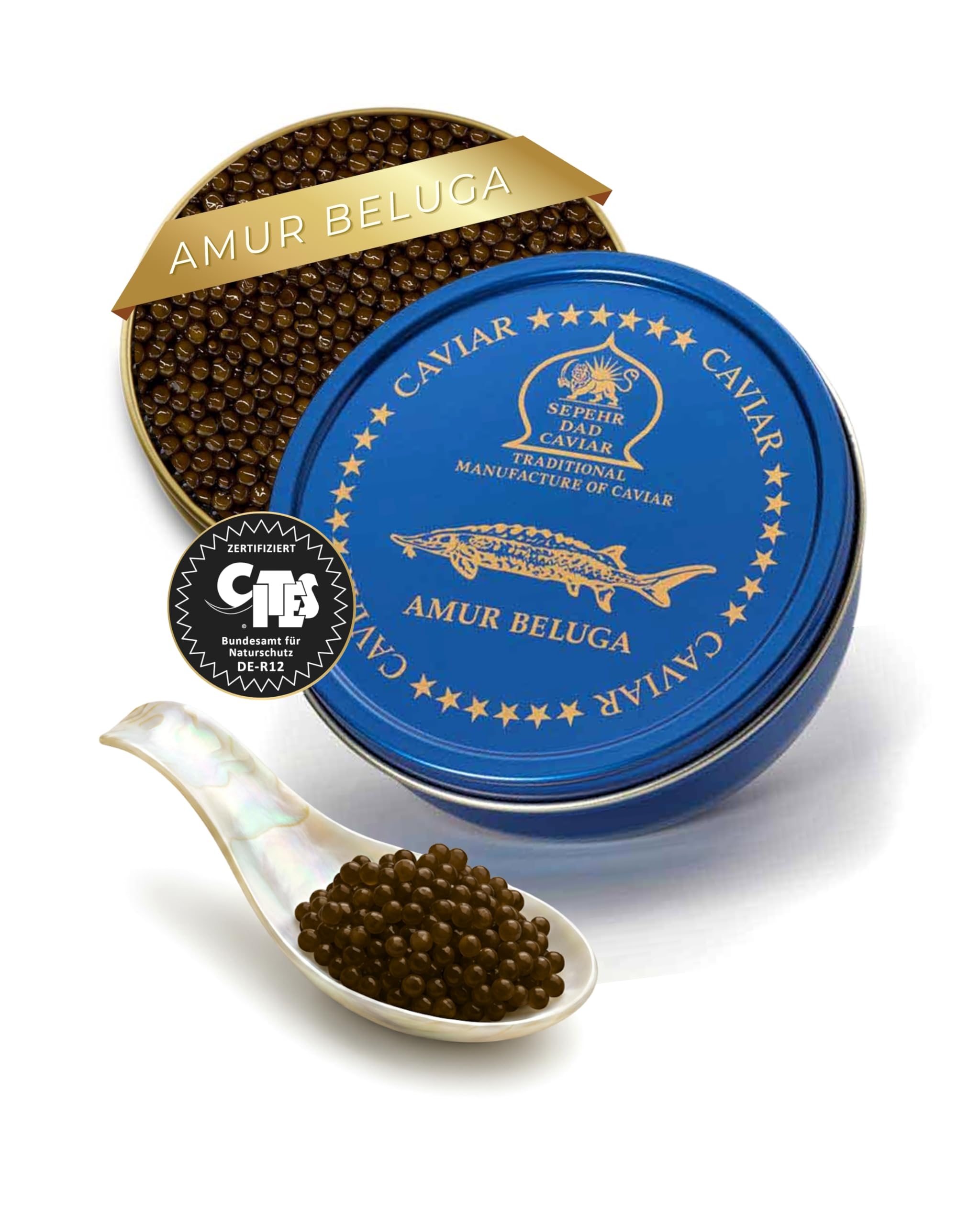 SEPEHR DAD CAVIAR Amur Beluga Kaviar 250 g I besonders großes Korn 2,9–3,3 mm I Beluga-Caviar aus nachhaltiger Aquakultur I mild & cremig-sahnig I exklusiver Stör Kaviar aus Amur-Beluga Störrogen