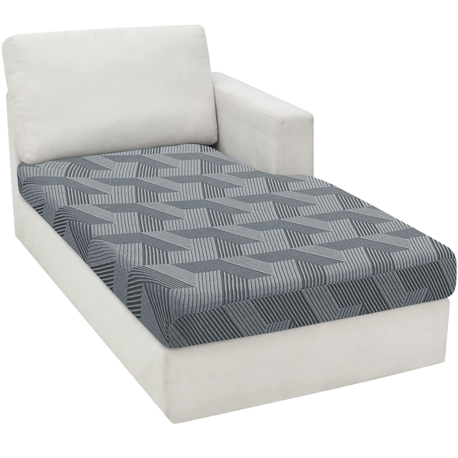 XINEAGE Sofa Seat Cushion Cover, Geometrical Jacquard Couch Cushion Slipcovers, Individual Chaise Cover for L Shaped Sofa with Elastic Bottom & Non-Slip Strap (Chaise Cover, Light Grey)
