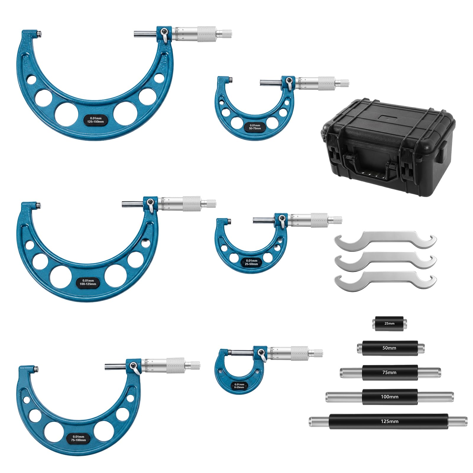 6-teiliges Bügelmessschrauben Satz, 0-150mm Außenmessschraube Mikrometerset mit 5 Kalibrierstäben und 3 Einstellschlüsseln, 0,01mm Genauigkeit für Werkstatt und Maschinenbau