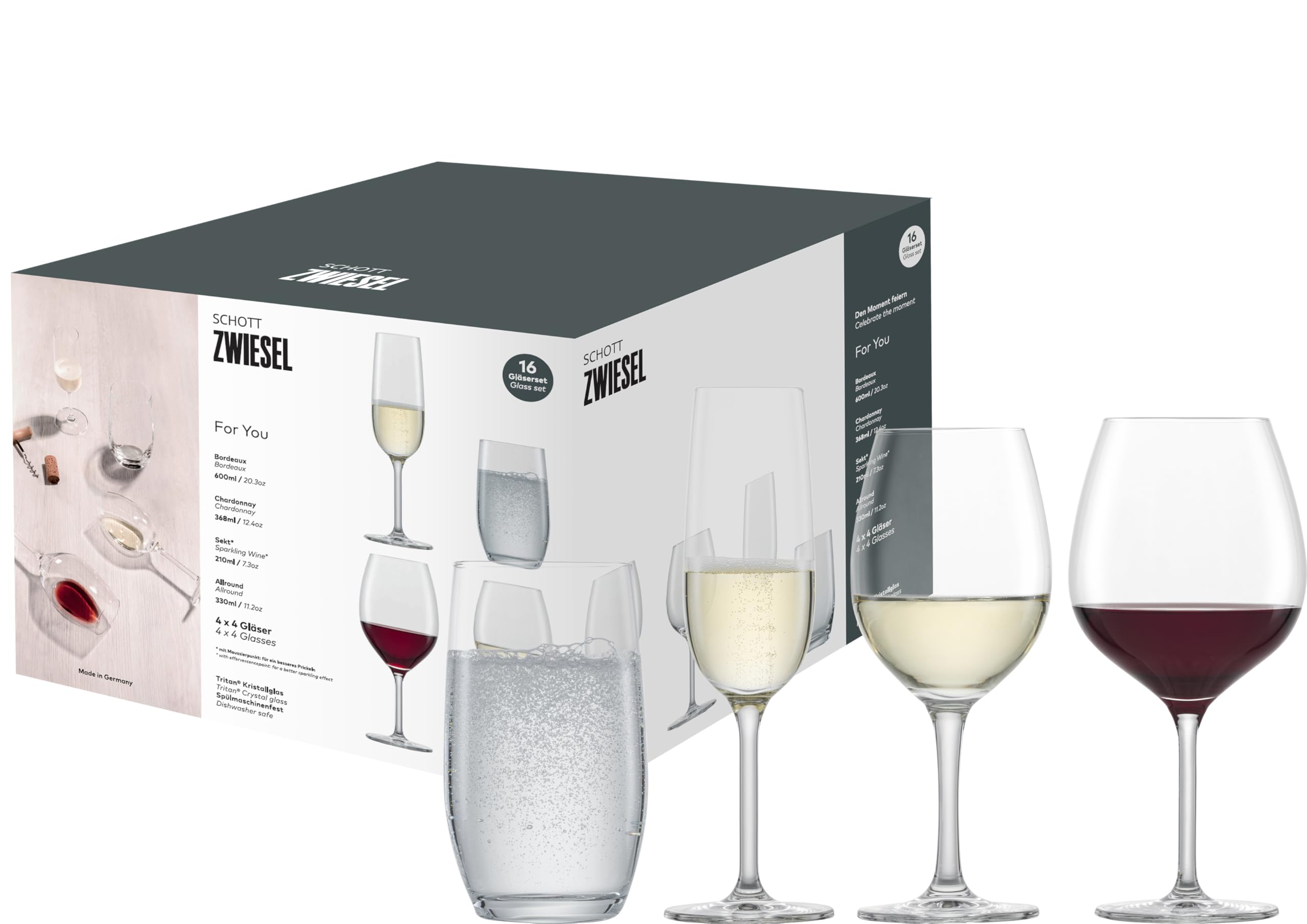 Schott Zwiesel for You Glasses Set of 16, 4 White Wine Glasses, Red Wine Glasses, Champagne Glasses and Cups, Dishwasher Safe Tritan Crystal Glasses, Made in Germany (Item No. 124093) : Everything Else