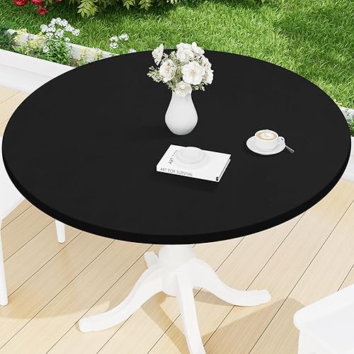Smiry Round Spandex Tablecloth, Elastic Fitted Washable Tablecloths for 45"-56" Tables, Waterpoof Stretch Picnic Table Cover for Dining, Indoor and Outdoor, Black
