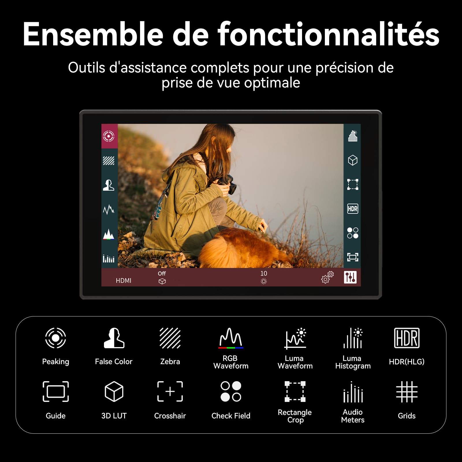 Portkeys HD7T Moniteur Camera 7" Écran Tactile 1000 Nits Haute Luminosité avec Touches de Raccourci Supérieures, Compatible DSLR