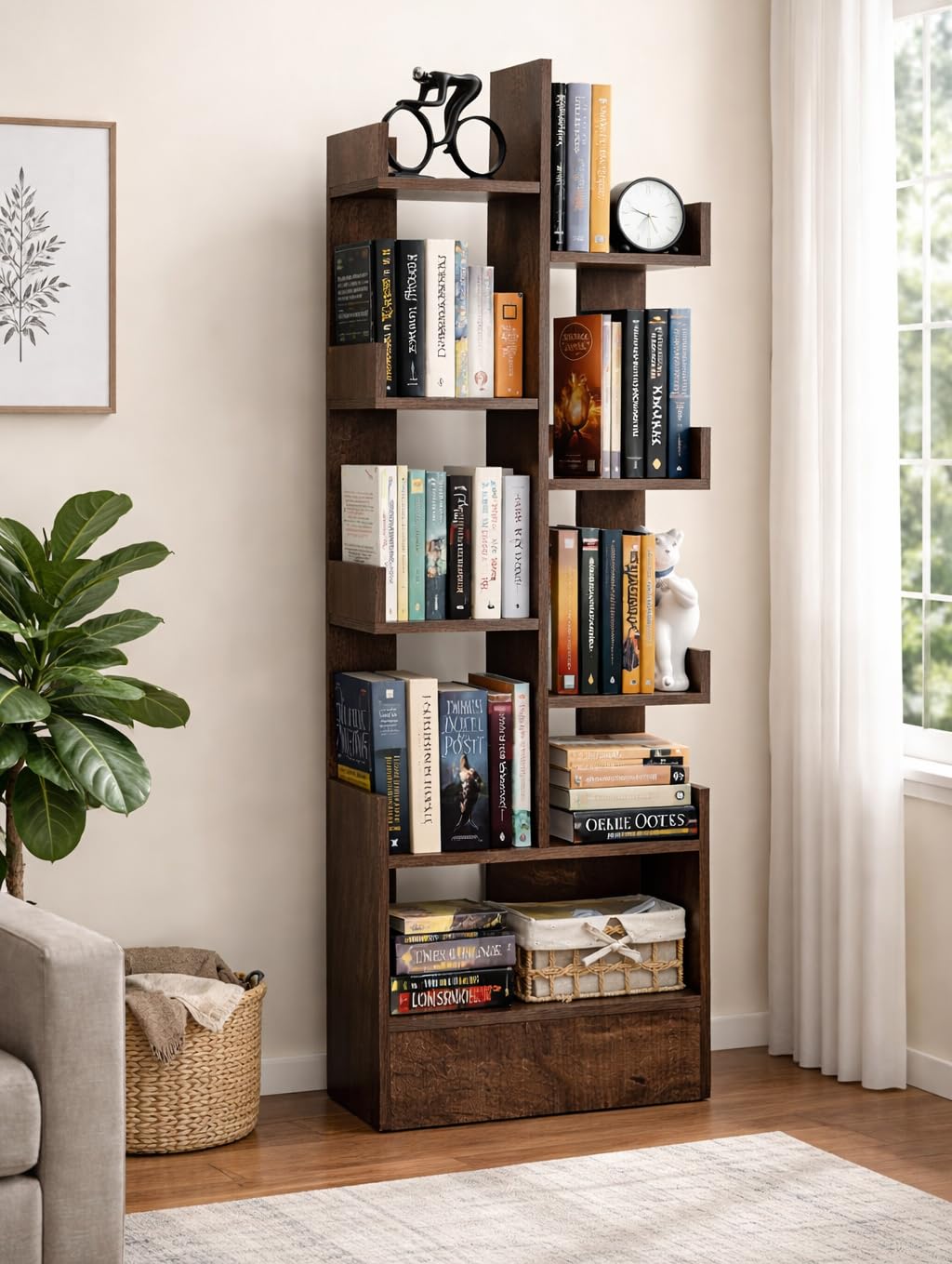 BrilliantJo Modern Zig-Zag Wooden Bookshelf | 8 Tier Floor Standing Book Shelf Organizer | Multipurpose Storage Rack for Books, Decor & Plants | Space Saving Display Shelf | Flowery Wenge