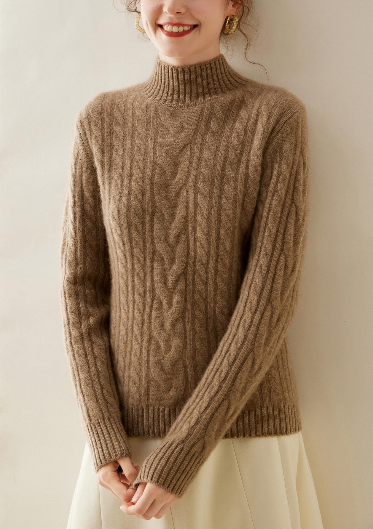 DISSA MA934 - Maglione da donna in cashmere e lana, con colletto alto, a maniche lunghe, con motivo a treccia
