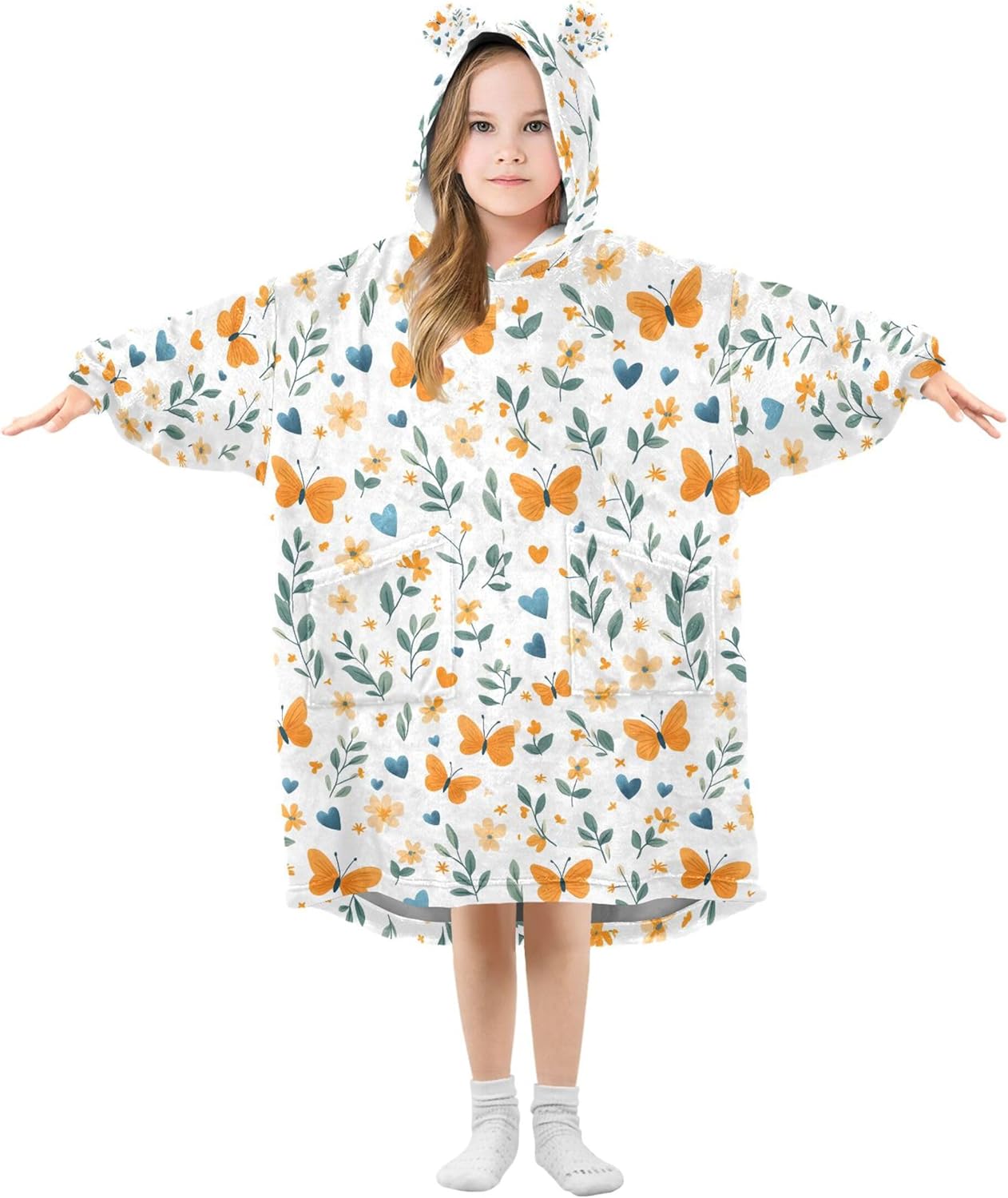 Butterfly Flowers Leaves Kids Wearable Blanket Hoodie and Sleeves for Toddlers, Cute Hoodies Girls B0403712
