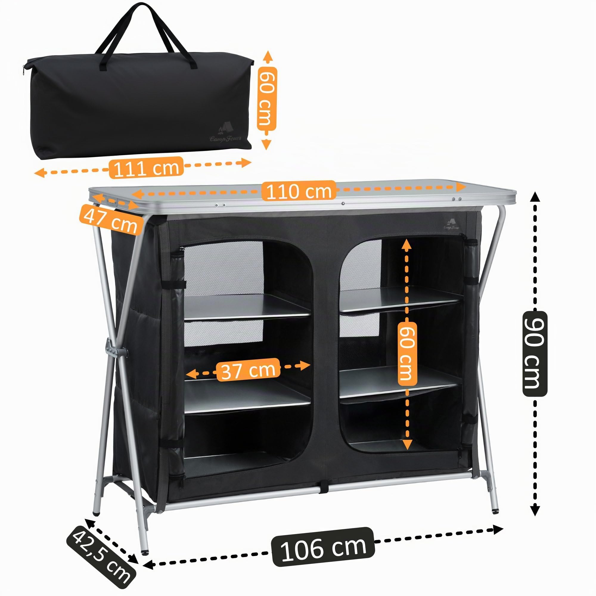 CampFeuer Armario de camping plegable | 110 cm x 47 cm x 90 cm | Cocina de camping con 2 aberturas con cremallera | Estantería de camping con estructura de aluminio, armario de camping plegable,