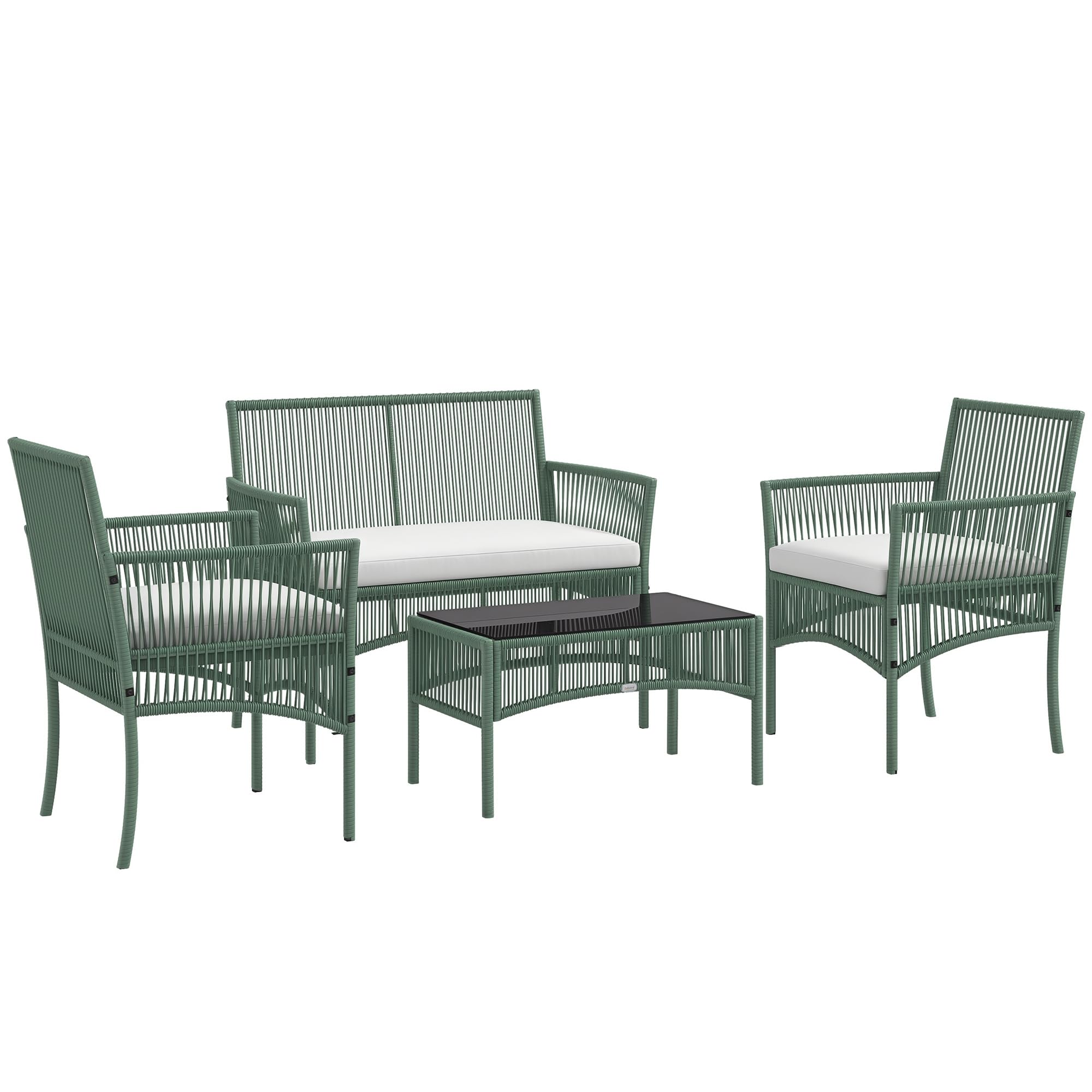 Outsunny Set da Giardino in Rattan 4 Pezzi, Poltrone e Divano e Tavolino, Verde e Nero