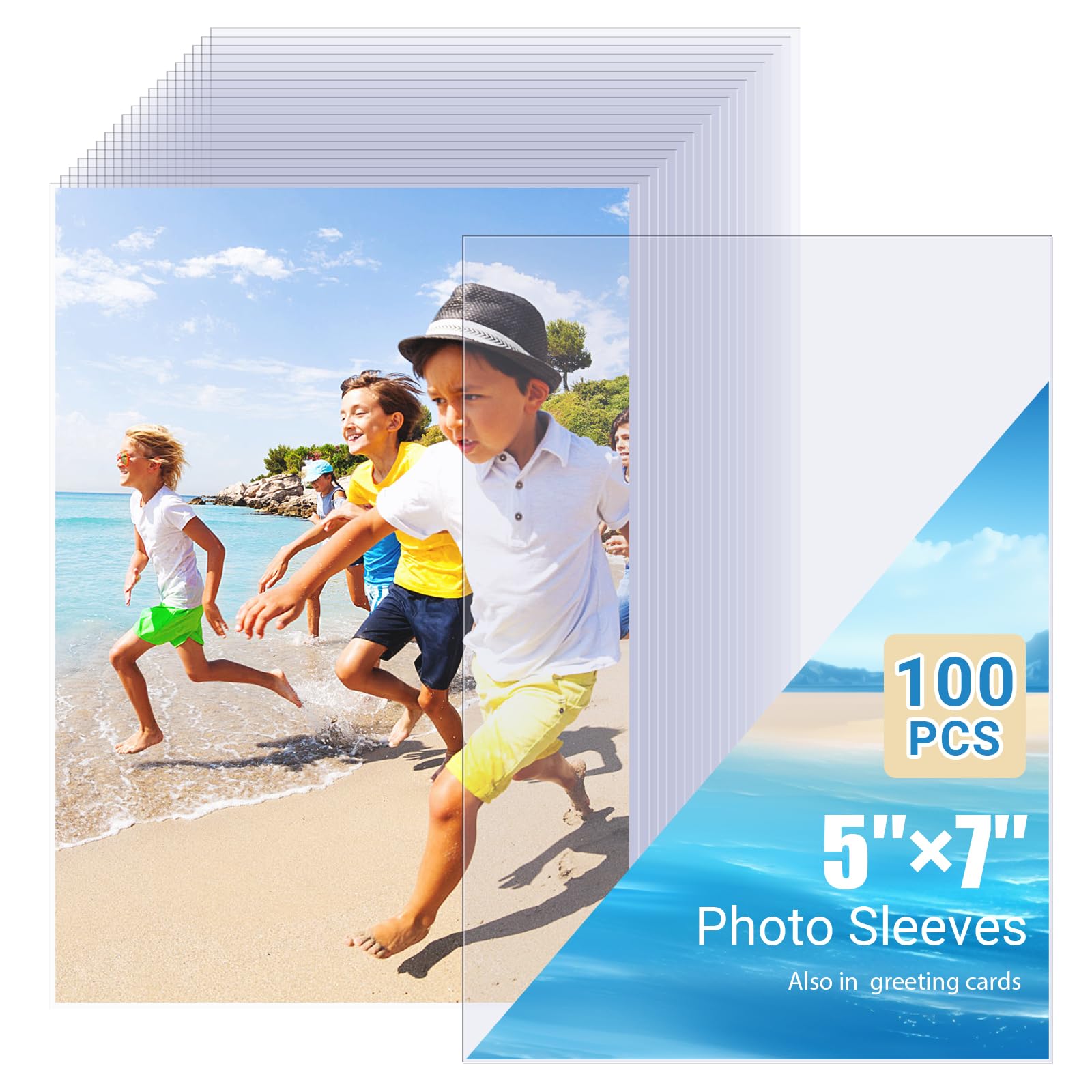 Pack of 100 Photocard Sleeves - 5x7 Inch (13x18cm) Clear Photo Sleeves, Plastic Sheet Protectors for Photos, Postcards & Recipes, Acid-Free, Archival Safe, Water and Dust Proof