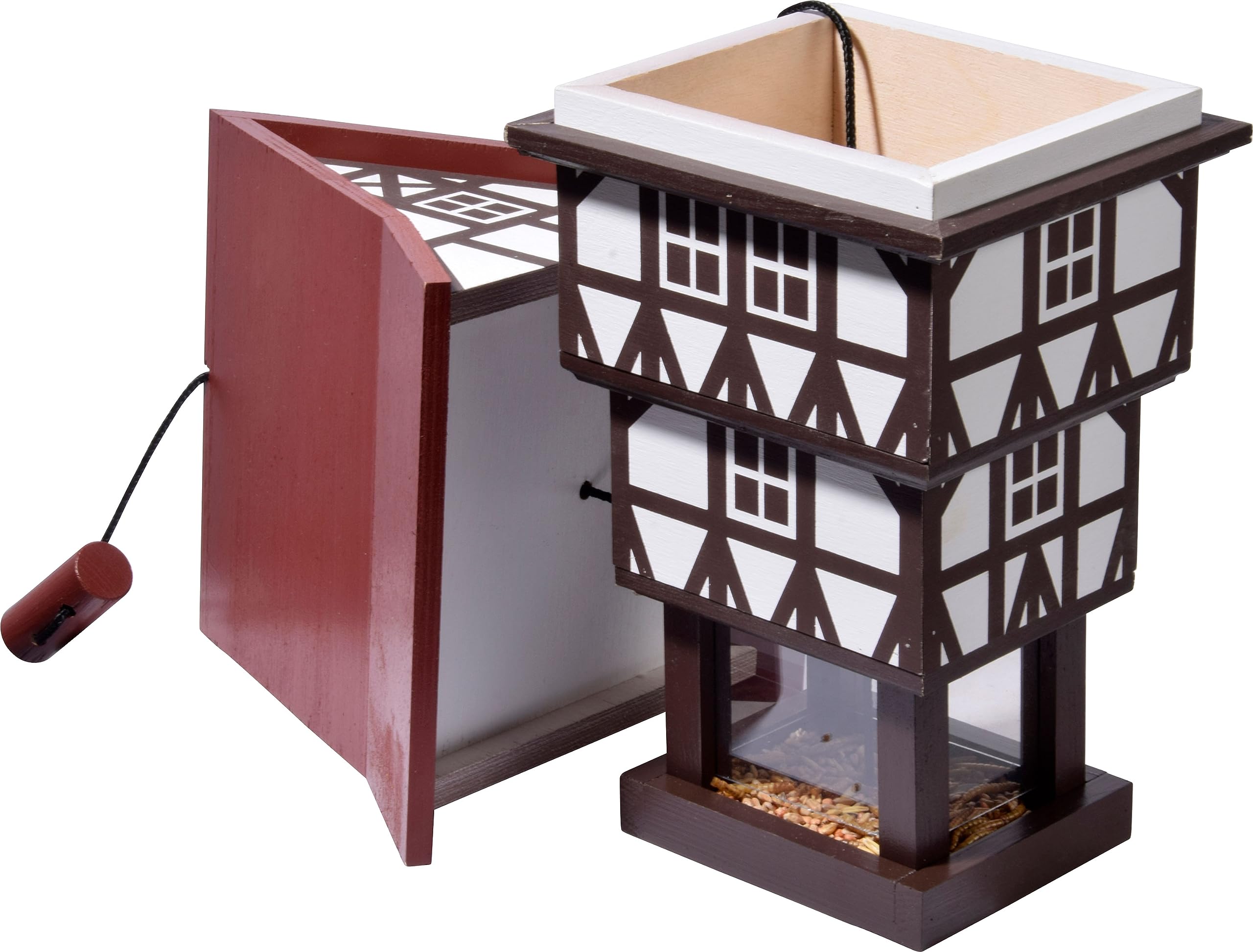 dobar® Design Vogelfutterhaus Zuckerhut zum Aufhängen mit großem Futtersilo, wetterfest - Vogelhaus im Fachwerkstil - 20 x 18 x 41 cm - Weiß/Braun/Rot
