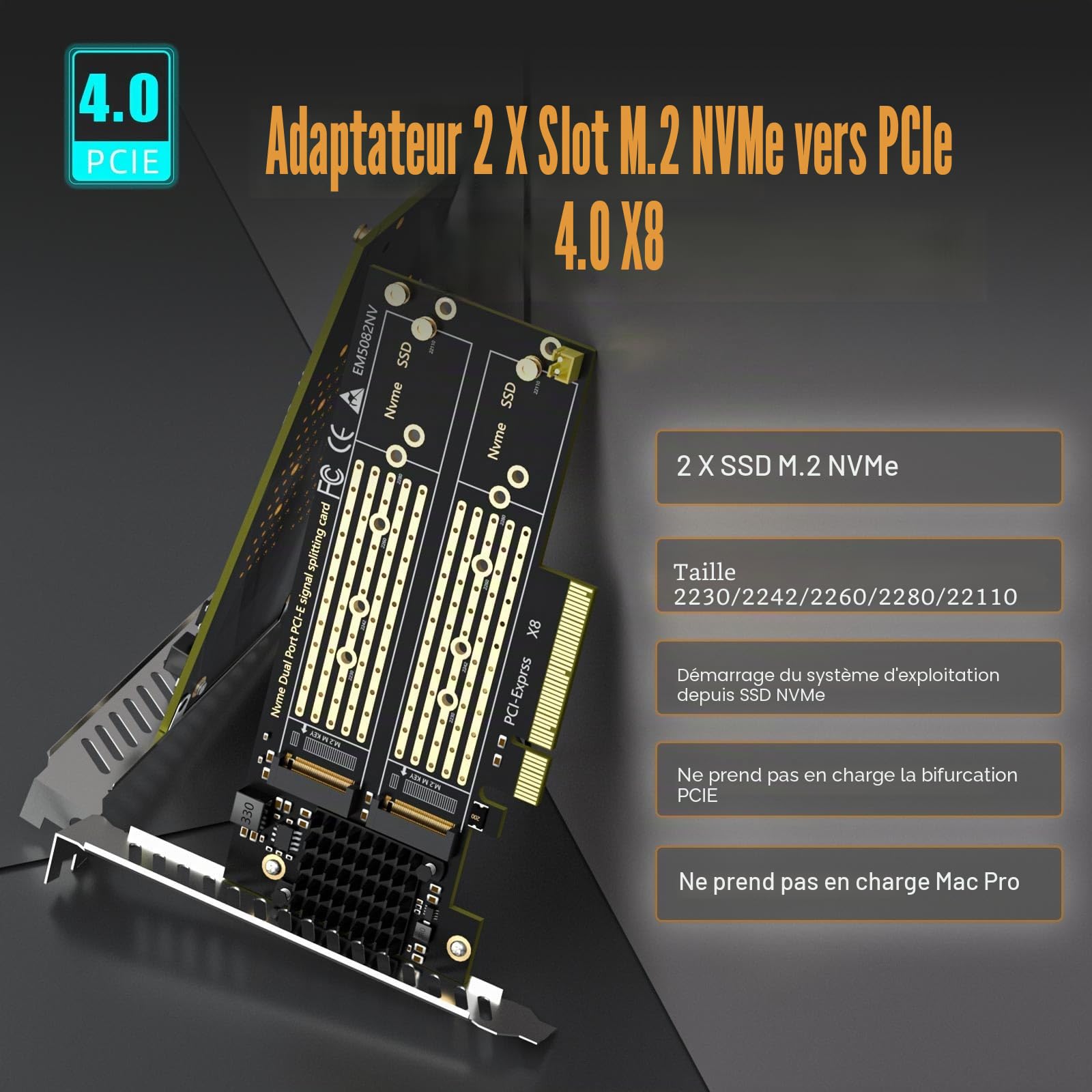GLOTRENDS PA21 Dual Adaptateur M.2 NVMe vers PCIe 4.0 X8 sans Bifurcation PCIe, Configuration Raid M.2 NVMe Via l'outil du OS(Support 22110/2280 Size), (Carte mère avec Bifurcation PCIe requise)