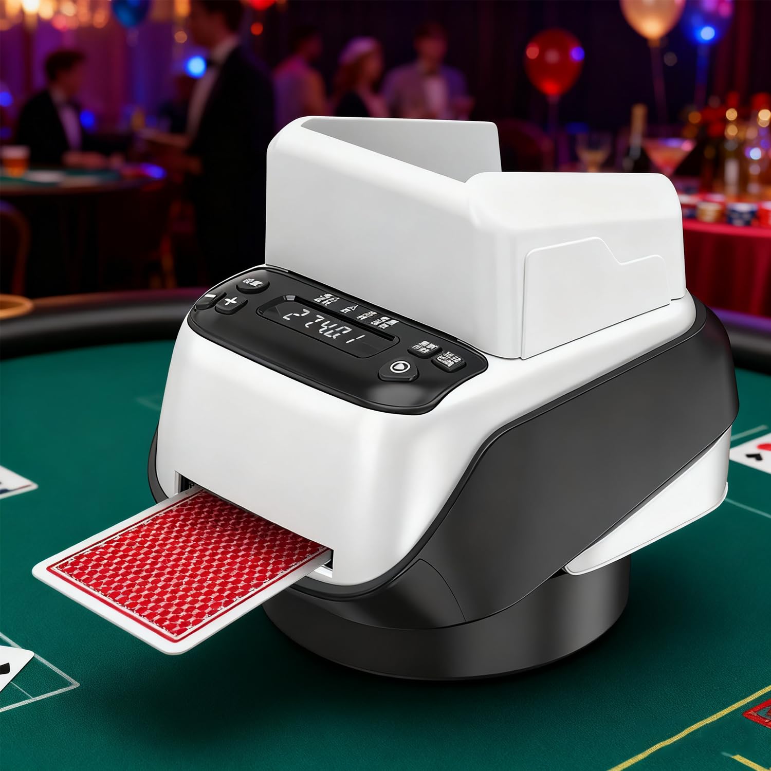 Barajador automático de cartas y distribuidor con rotación de 360°, capacidad de 4 barajas para 8 jugadores, ideal para juegos de póquer, blackjack y puente