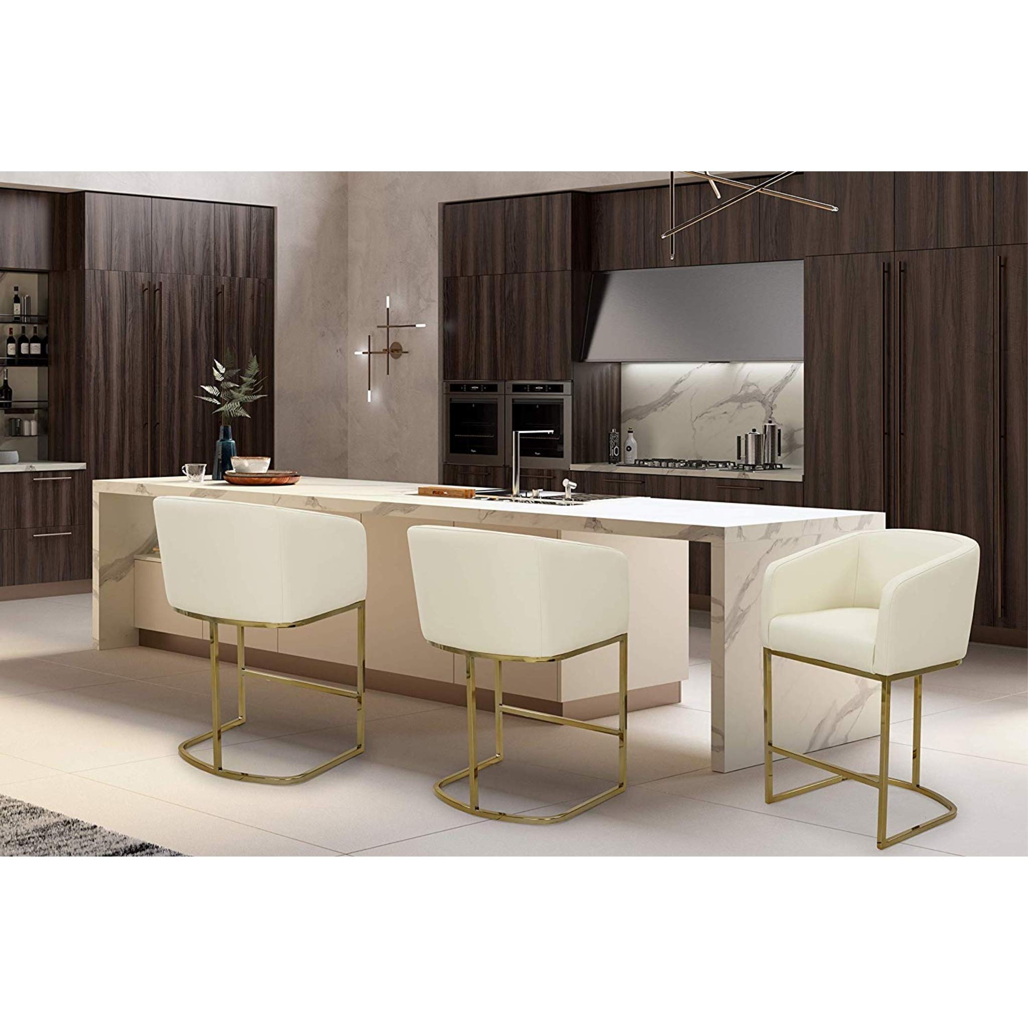 Iconic Home Tess Counter Stool Chair PU Leather Upholstered Shelter Arm Design Half-Moon Goldtone Solid Metal U-Shaped Base Modern Contemporary, Cream