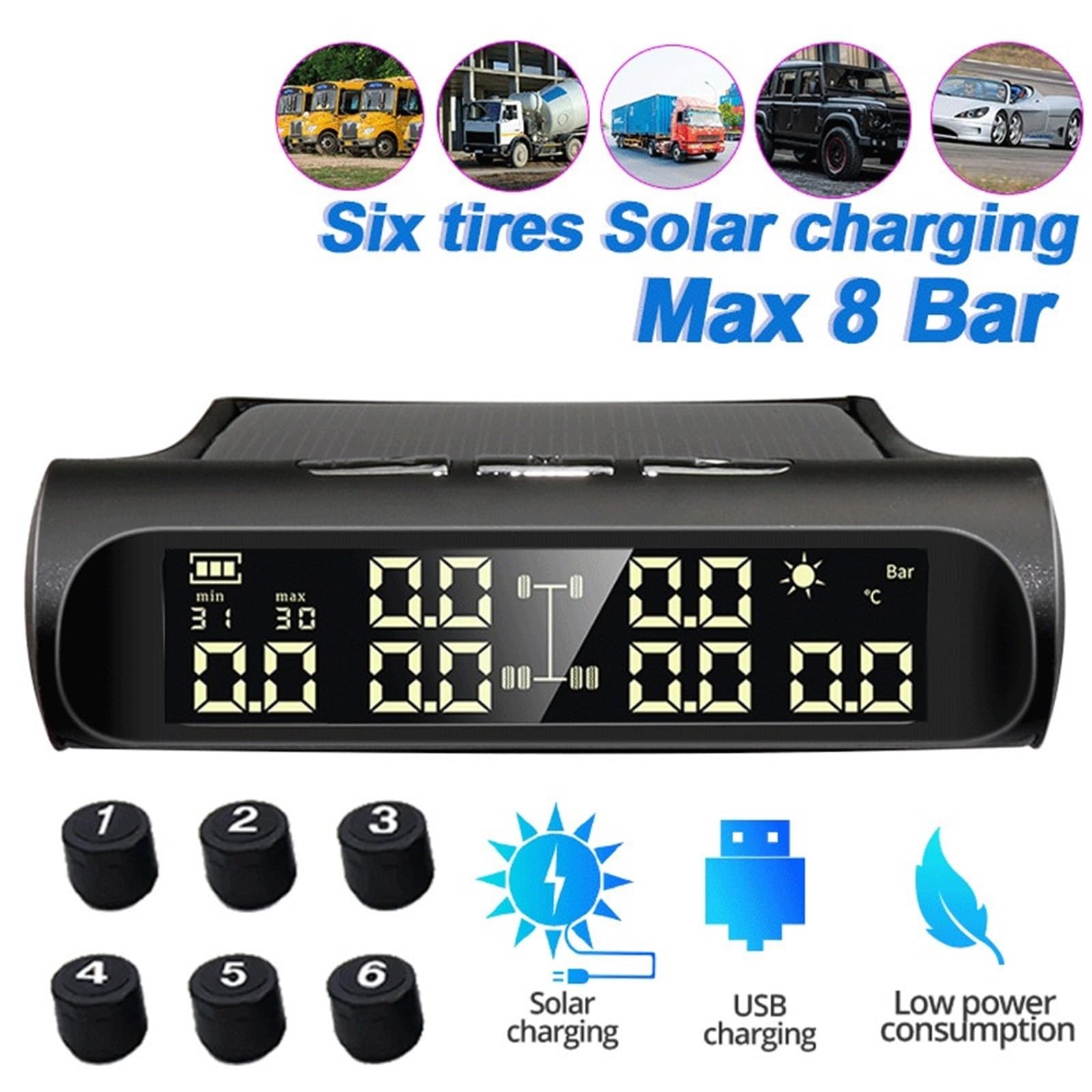 Cyfrowy miernik ciśnienia w oponach Solar TPMS 6 Zewnętrzne czujniki Wyświetlacz ciśnienia i temperatury w oponach Wsparcie alarmu bezpieczeństwa Samochody, kampery, pickupy | K27-6 Sensor