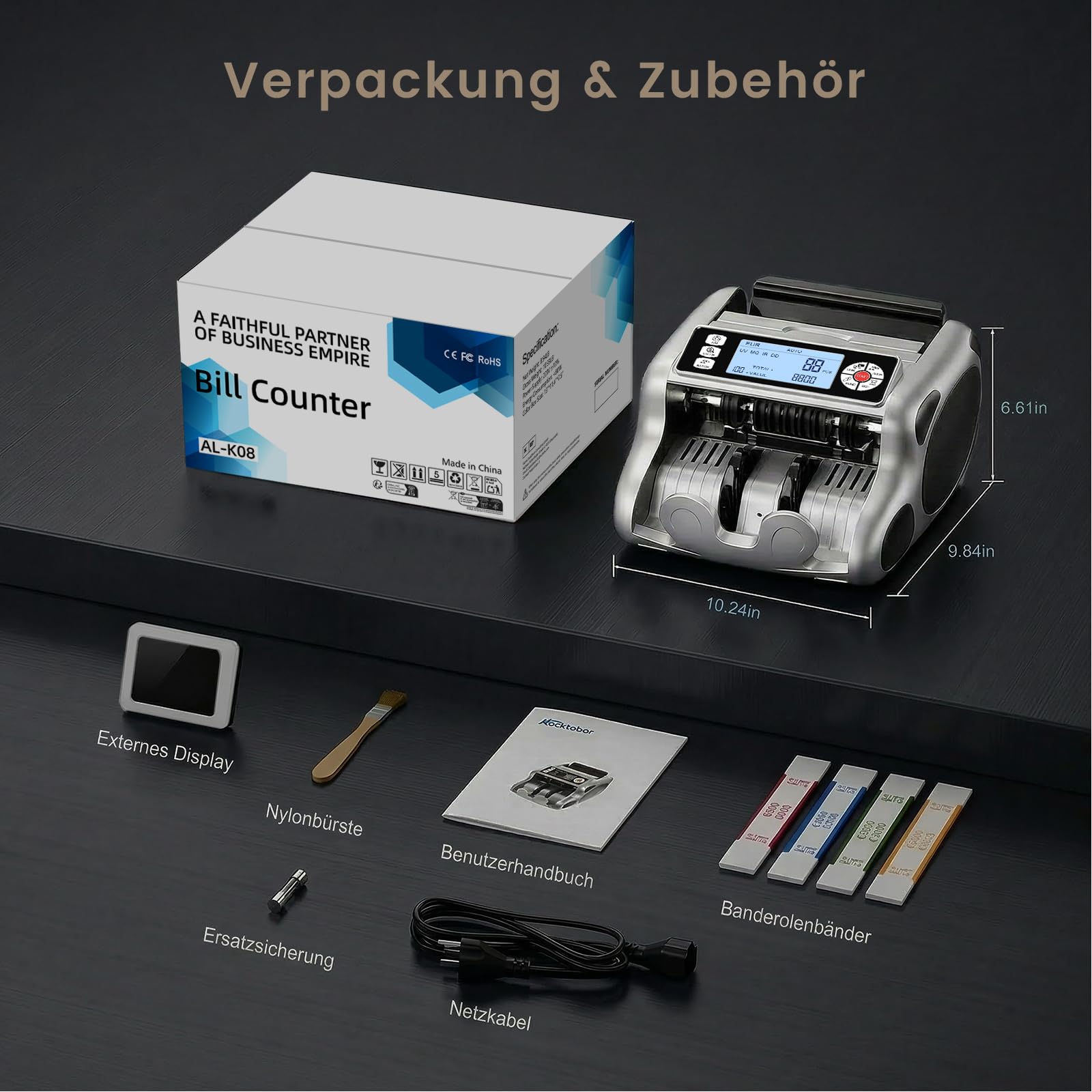 Aneken K08 Geldzählmaschine mit 3,8" Großem LCD & Value Display, 6-fach UV/MG/IR/DD/VI/FA Falschgelderkennung, Addieren/Batch-Modus, 1200 Scheine/Min., einfache Bedienung, für EUR/USD