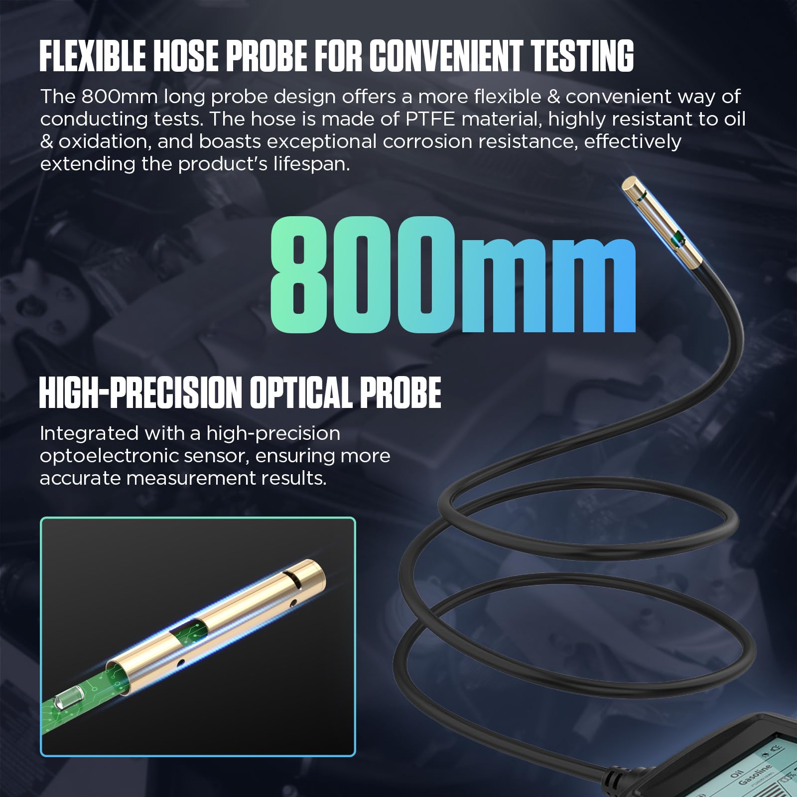 AS503 - Kit de prueba de aceite de motor de gasolina y diésel, detector de análisis de transmisión y temperatura con sonda flexible de 31,5 pulgadas, pantalla retroiluminada de 2,8 pulgadas