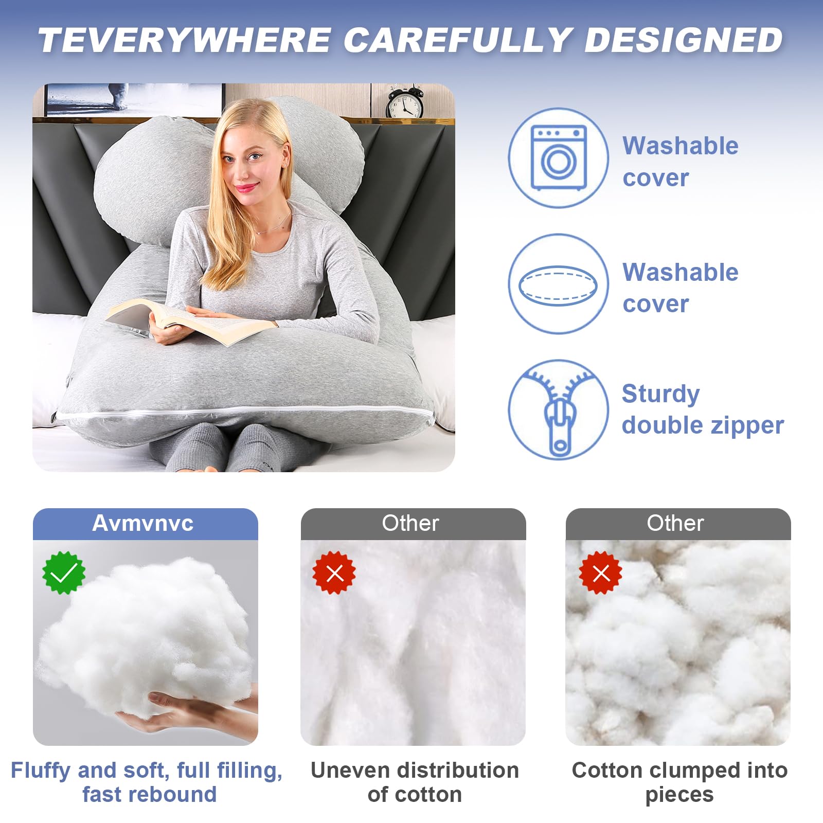 Avmvnvc Almohada Embarazada - Almohada de Embarazo - Almohada de Cuerpo Completo en Forma de U - Almohada de Maternidad con Funda de Almohada de Punto Extraíble y Lavable - 145x70 cm - Gris