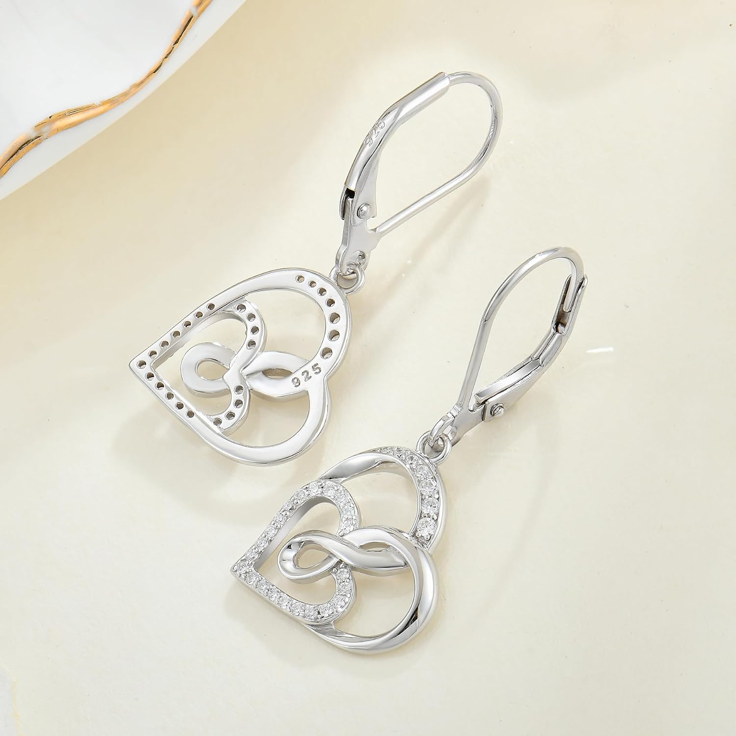Christmas Double Heart Earrings 925 Sterling Silver Infinity Leverback Dangle Drop Earrings Cubic Zirconia For Women Anniversary Jewelry Gift - Image 3