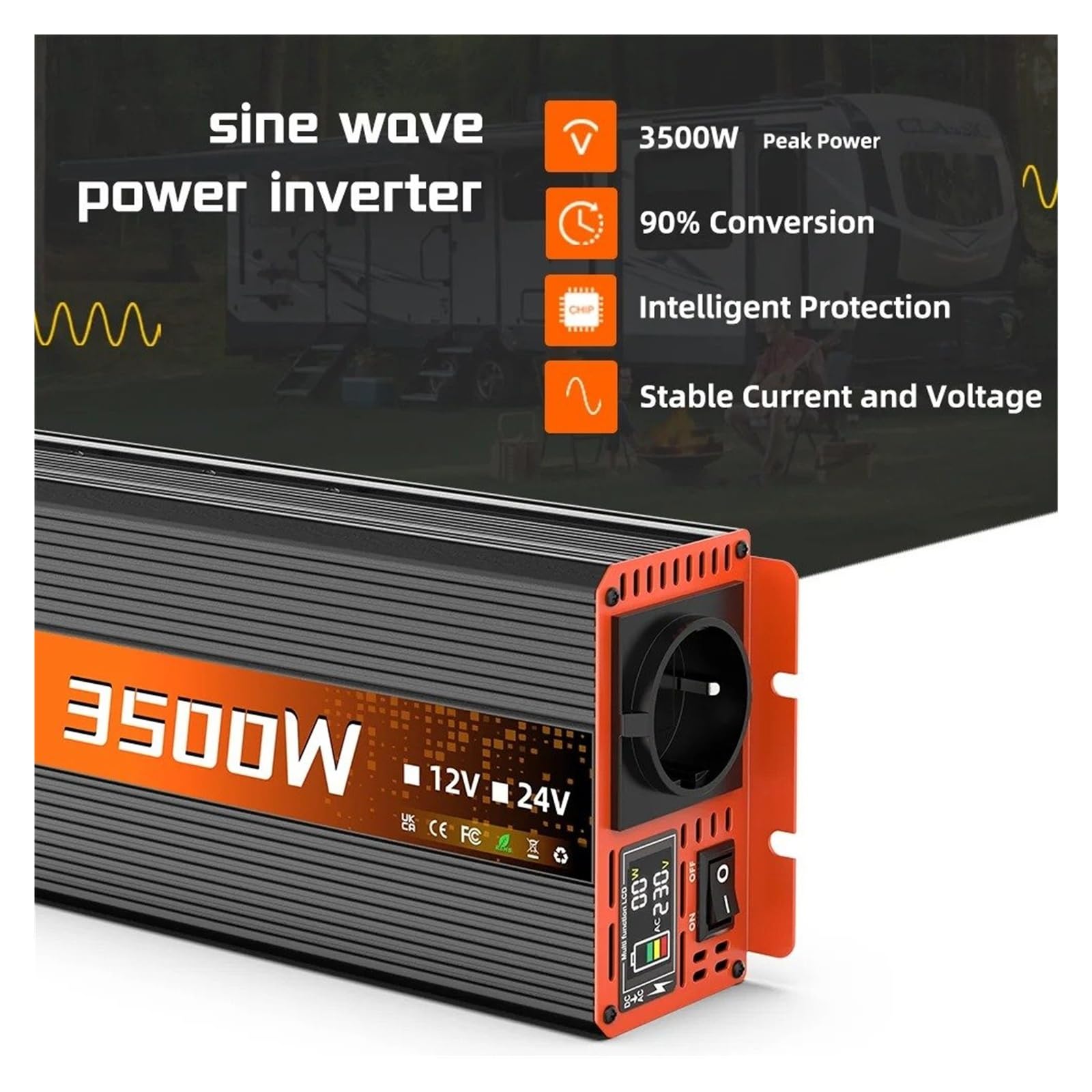Inversor Potencia DC 12V A AC 220V 50HZ UE Inversor Onda Sinusoidal para Pura Enchufe 3500W LED Voltímetro Convertidor Transformador Convertidor