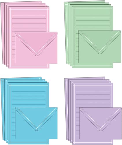 Mini juego de papelería, juego de 100 piezas (50 hojas forradas + 50 sobres a juego), 4 colores sólidos, borde blanco fino, 5.5 x 8.25 pulgadas,