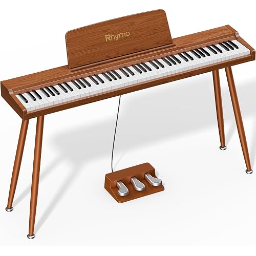 Rhymo 88-Key Digital Piano with Stand, Semi-Weighted Keyboard, Bluetooth Audio/MIDI, Dual Player Mode, 20W Speakers, Microphone Input, Triple Pedal for Beginners to Professional (Rero Wood)