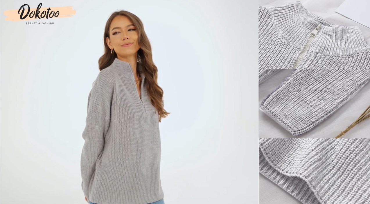 Dokotoo Gray Sweaters for Women Long Sleeve Waffle Knit Tops for