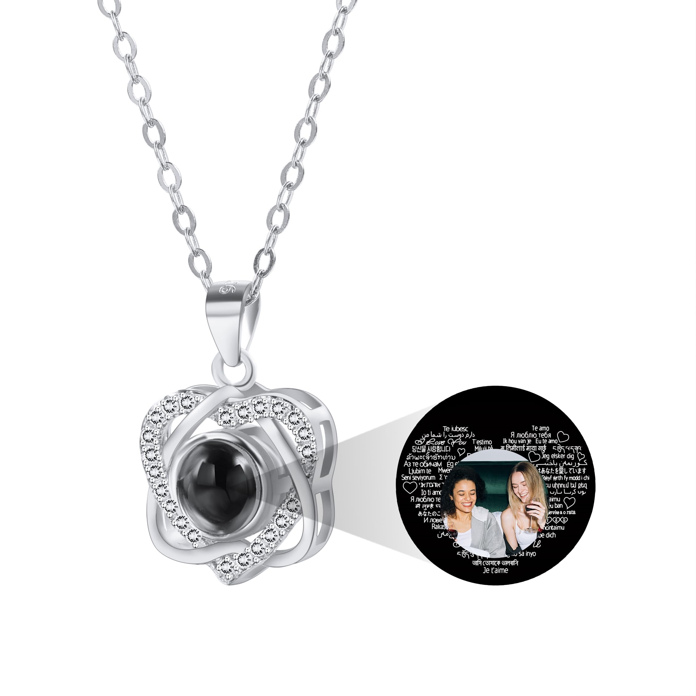 MeMeDIY Collana Personalizzata Ti Amo Collana 100 Lingue con Proiezione Interna Personalizzata Ciondolo Immagine Gioielli in Argento Sterling Regali per Donne