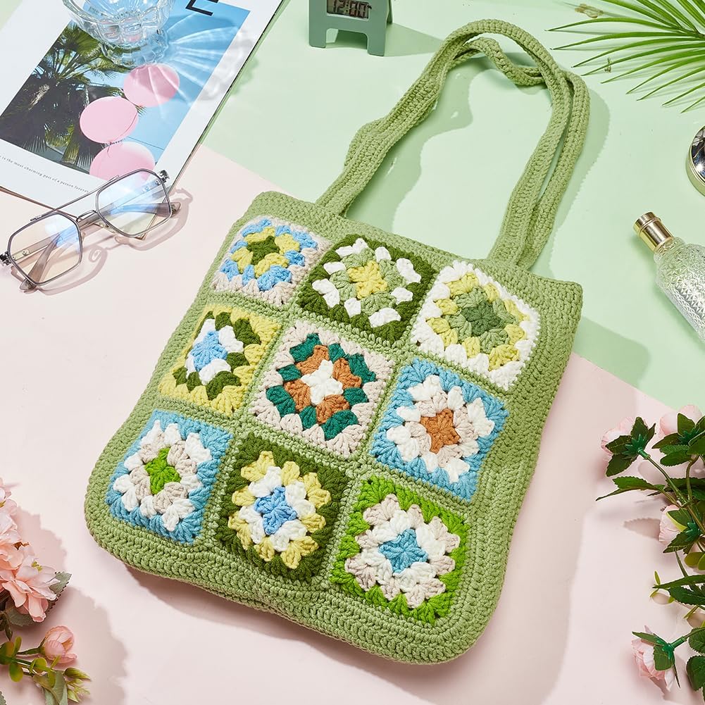 ORIGACH DIY Crochet Tote Bag Kit for Adults, Green Granny Square Shoulder Bag Set for Starter, Complete Accessories Tools to Make a Bag with Instruction and Video