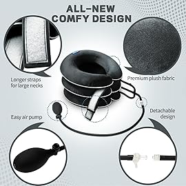 S Cervical Neck Traction Device for Neck Pain Relief - Inflatable Neck Stretcher Collar for Decompression - Best Home Use Neck Brace Pump (Black Plush)