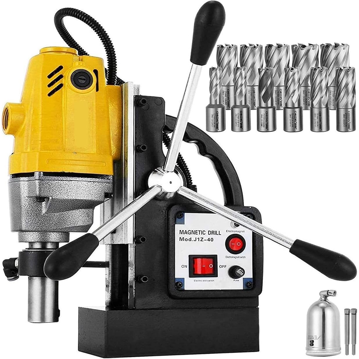 Prensa de taladro magnética, máquina de perforación magnética portátil de 1100 W, diámetro de perforación de 1-1/2 pulgadas, fuerza magnética de 1,224.7 kg para superficies metálicas