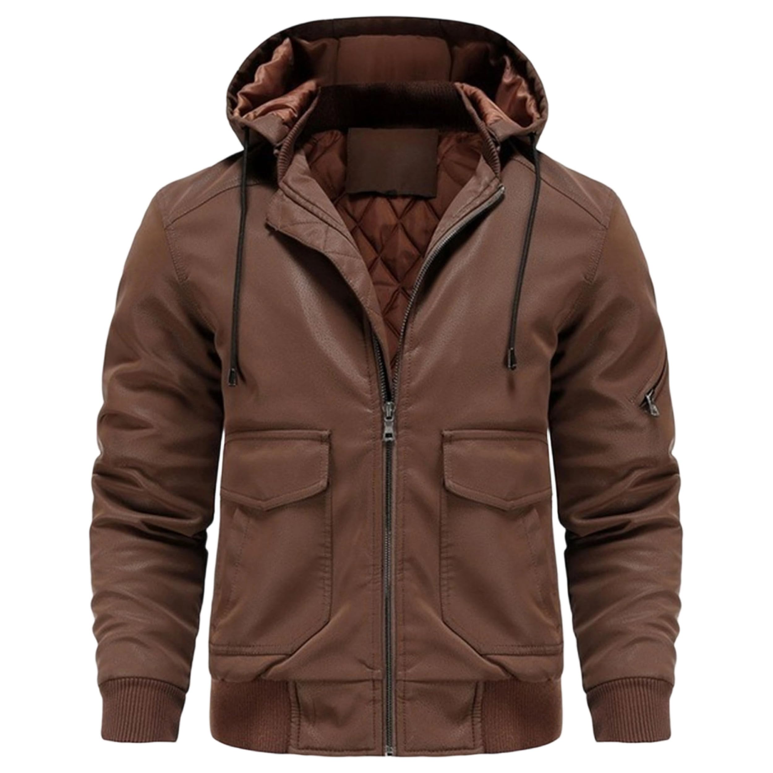 Abrigos para hombre Chaqueta bomber de motociclista con cremallera de piel sintética para hombre con capucha extraíble