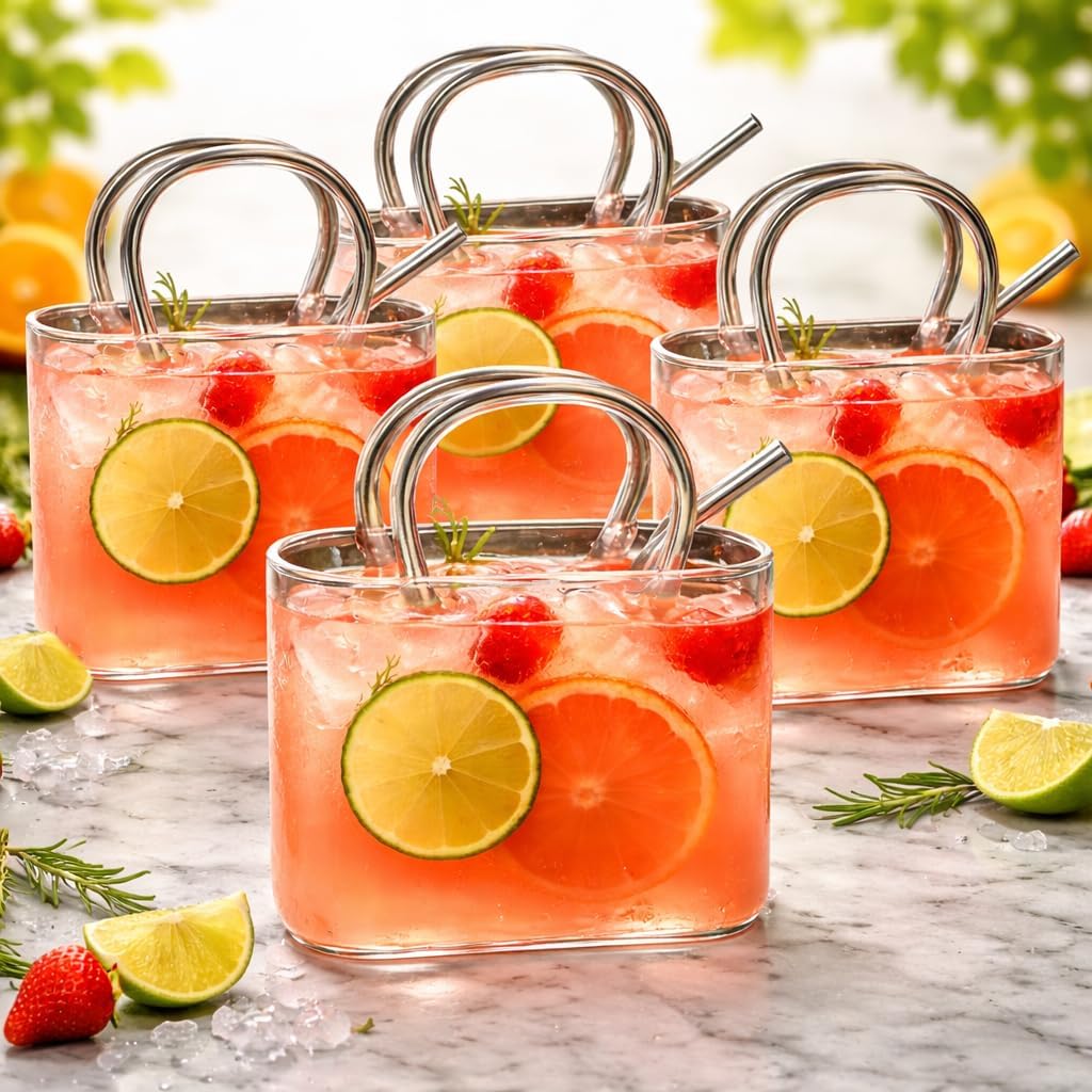 Glass Purse For Drinks, Purse Drinking Glass, 26oz Unique 𝐆lass Drink 𝐏urse With Straws, Creative Cocktail 𝐆lass Shaped 𝐏urse, For Fruit Juice, Tea, Flowers (4pcs)