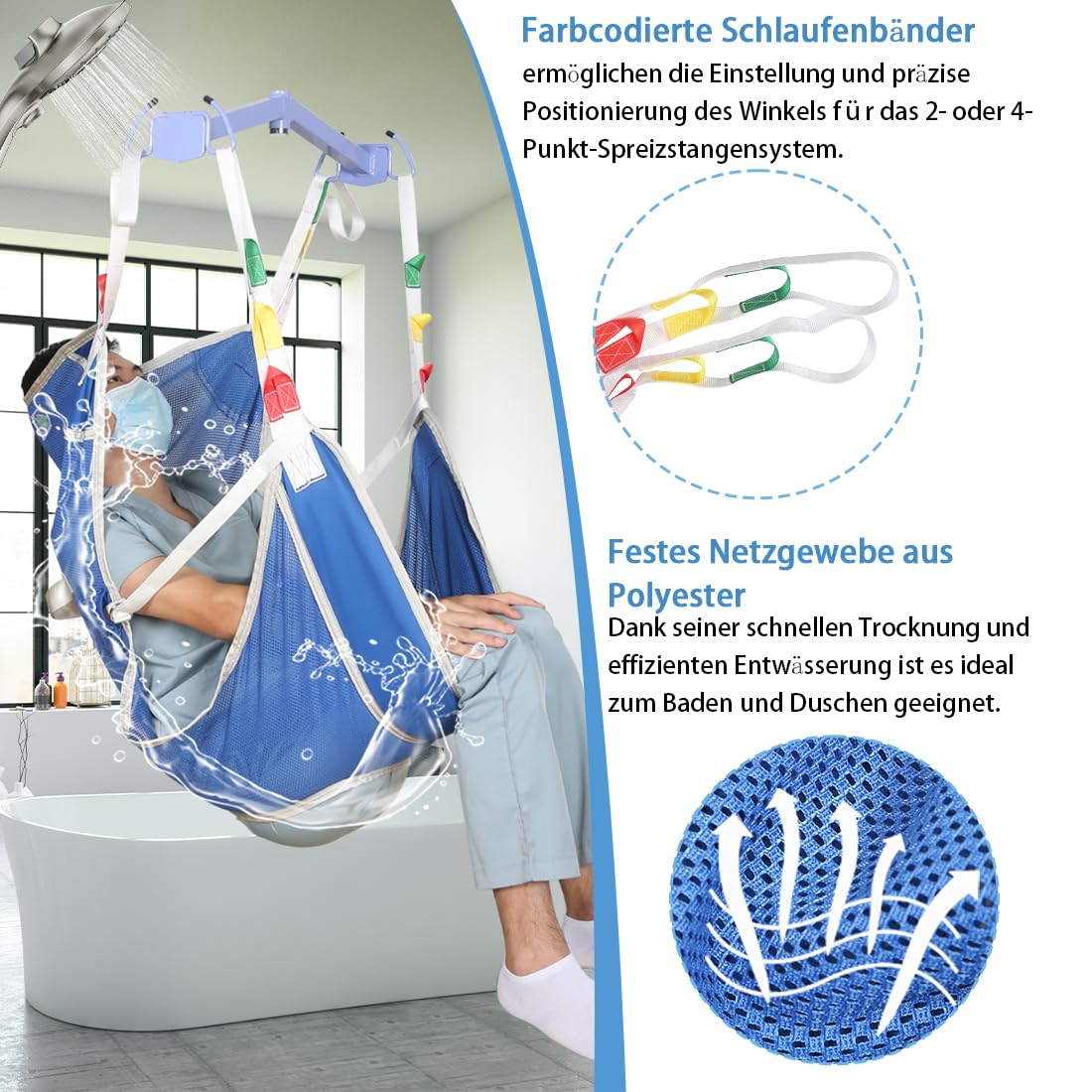 Patientenlifter Netzhebegurt zum Duschen，Hebegurt für den Toilettengang,Ganzkörperhebegurt für den Heimgebrauch (Blau, Groß)