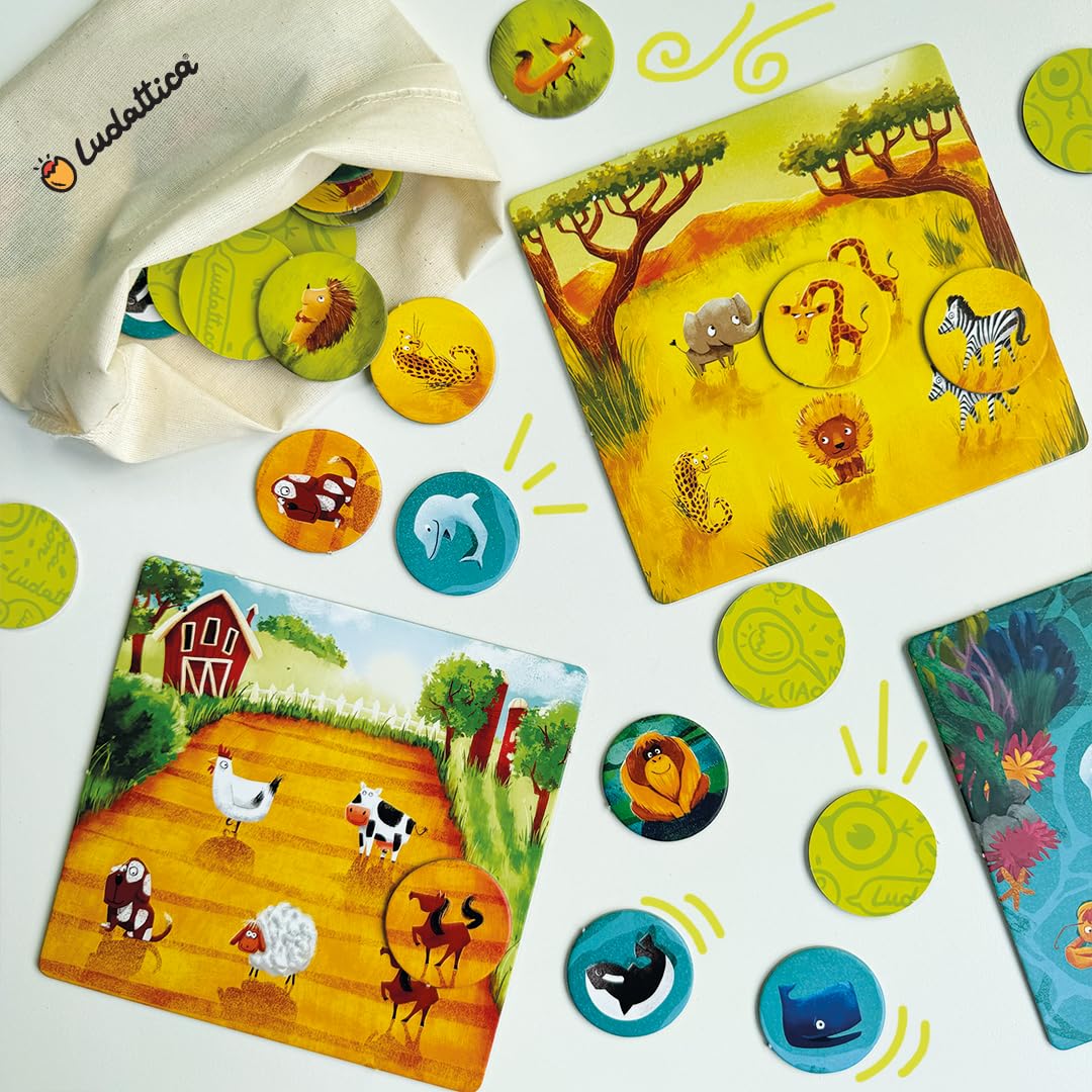 Ludattica Tombola degli animali Tombola per bambini | Bingo con sacchetto in stoffa e cartelle ambienti | Gioco educativo per bambini 3-6 anni | Memo game | Made in Italy