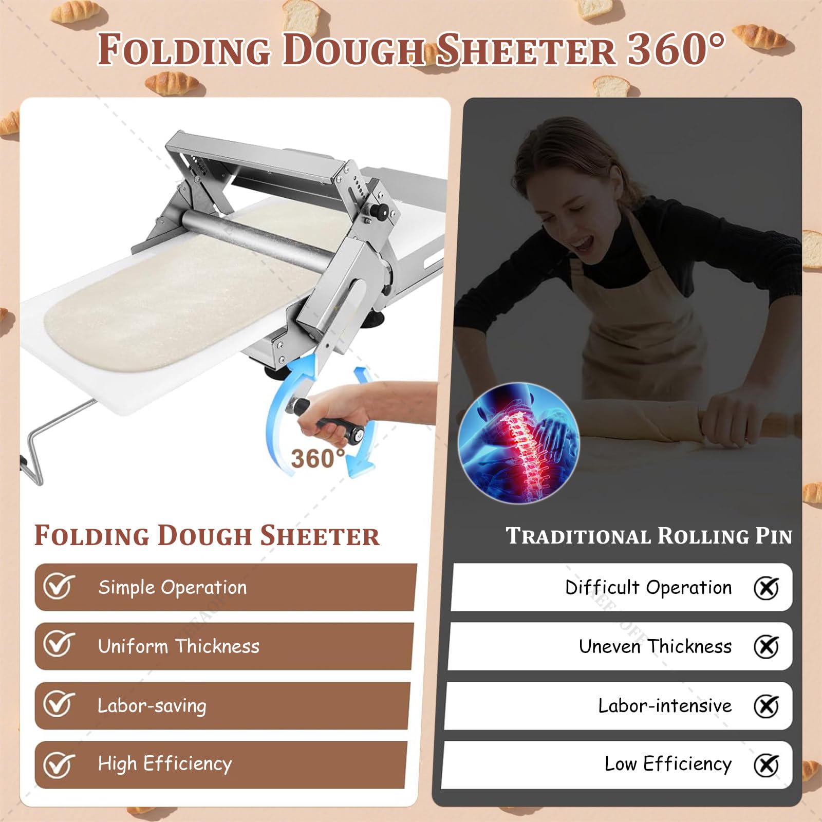 Teigwalze aus Edelstahl, klappbare manuelle Teigrolle mit Einstellbarer Dicke von 0–25 mm, 12"/16" Teigrollmaschine für Croissants, Pizza und gewerbliche Bäckerei T400