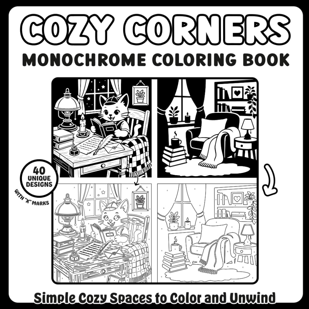 Cozy Corners Monochrome Coloring Book: Comforting Indoor Spaces to Fill with One Color (Cozy Monochrome Series)