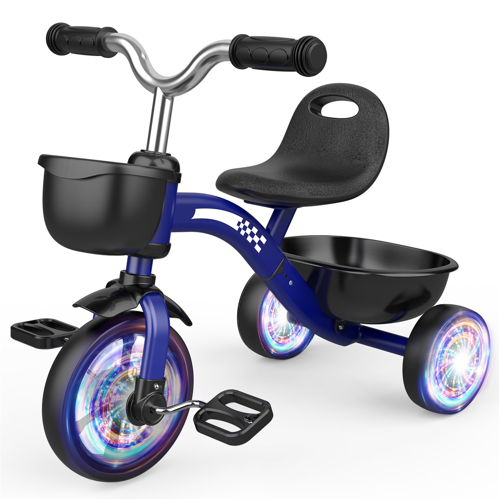 Kkdi Toddler Tricycle in blue with light-up wheels and two baskets