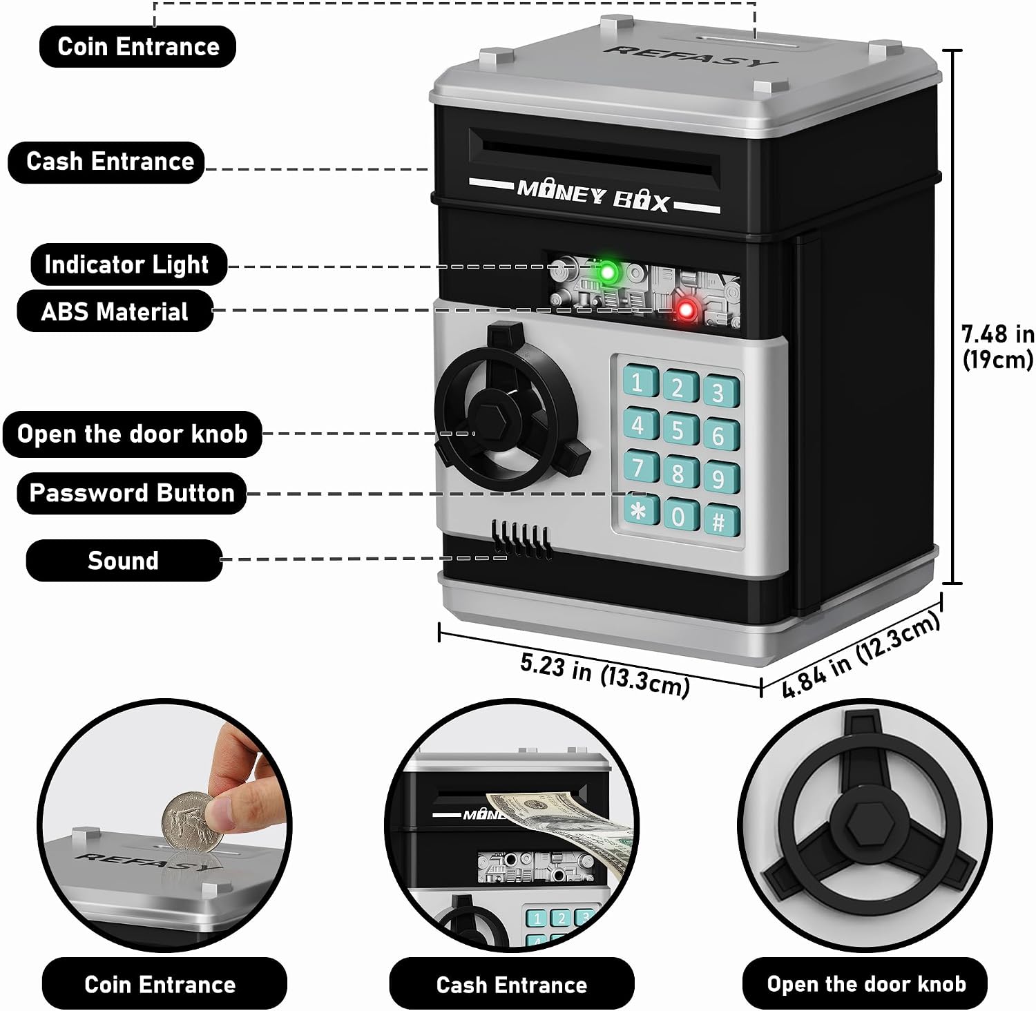 Refasy Piggy Bank Cash Coin Can ATM Bank Electronic Coin Money Bank for Kids Age 3-12, Money Savings Box Mini ATM Coin Bank Toys Gifts for 3 4 5 6 7 8 9 10 11 12 Year Old Boys Girls