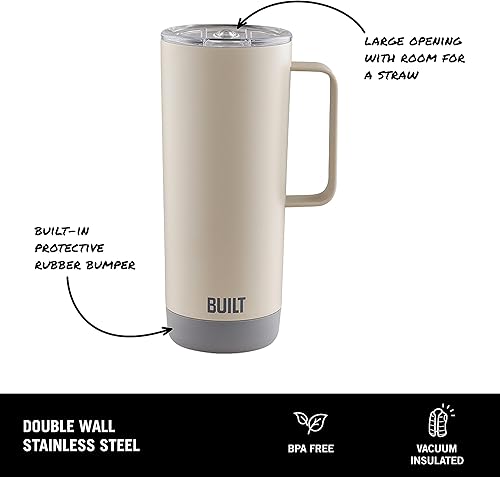 Miniatura 3 de BUILT Taza en cascada de 20 onzas con asa, tapa deslizante, acero inoxidable, vaso caliente o frío, color gris hormigón