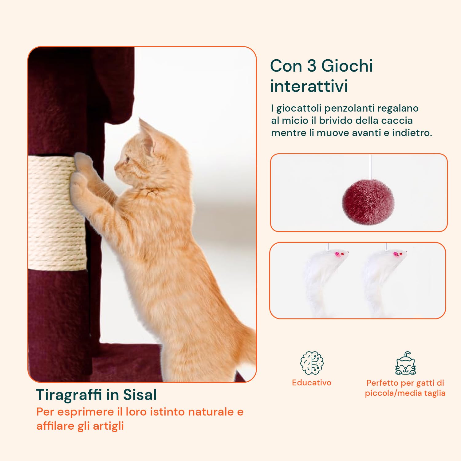 Tiragraffi XXL 170cm con Doppia Cuccia per Gatti Adulti, Albero Giochi in Sisal e Peluche, Piatteforme Relax, Ampio e Sicuro per il Massimo Divertimento dei Gatti Bordeaux