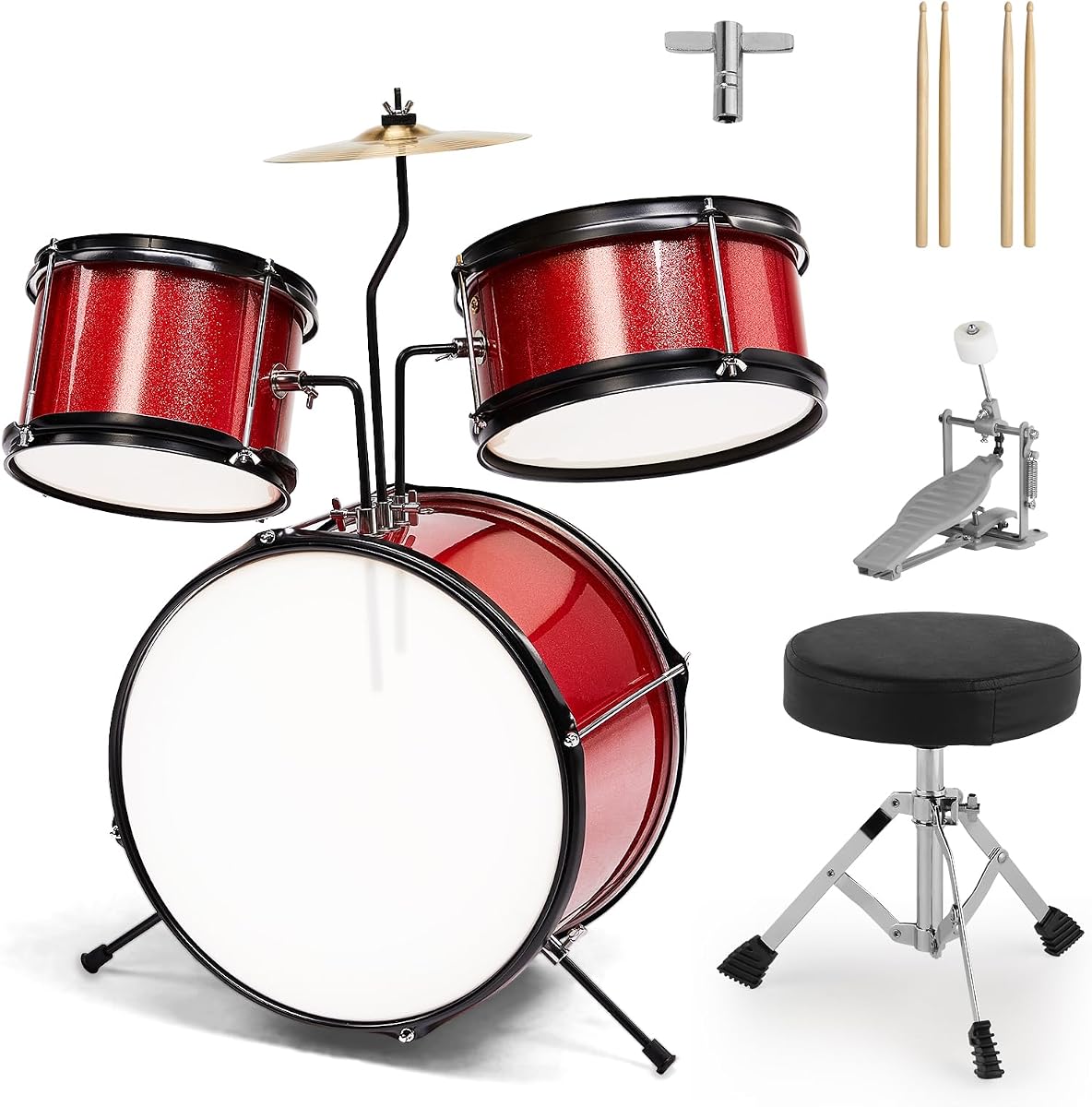 3-Piece 14x10in Drum Set for Beginner Rhythm Practice, Starry Red | Poplar Drumsets with 2 Pairs of Sticks (12" & 16"), 1 Bass Pedal and Stool, Ideal for Beginners