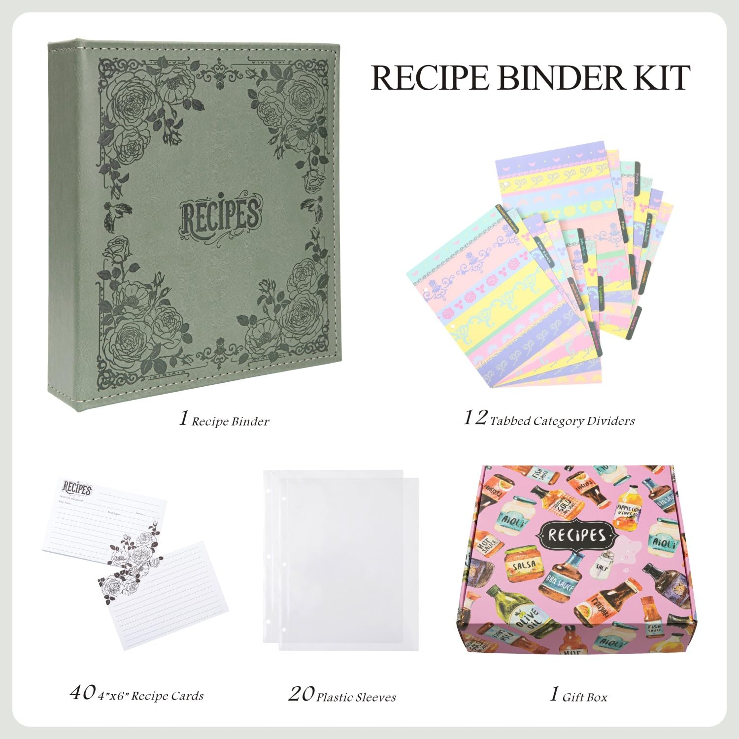 COFICE Recipe Book to Write in Your Own Recipes, 8.5x9.5 Recipe Ring Binder with PU Faux Leather Cover, 4x6 Cards and Tabbed Dividers, Dark Green