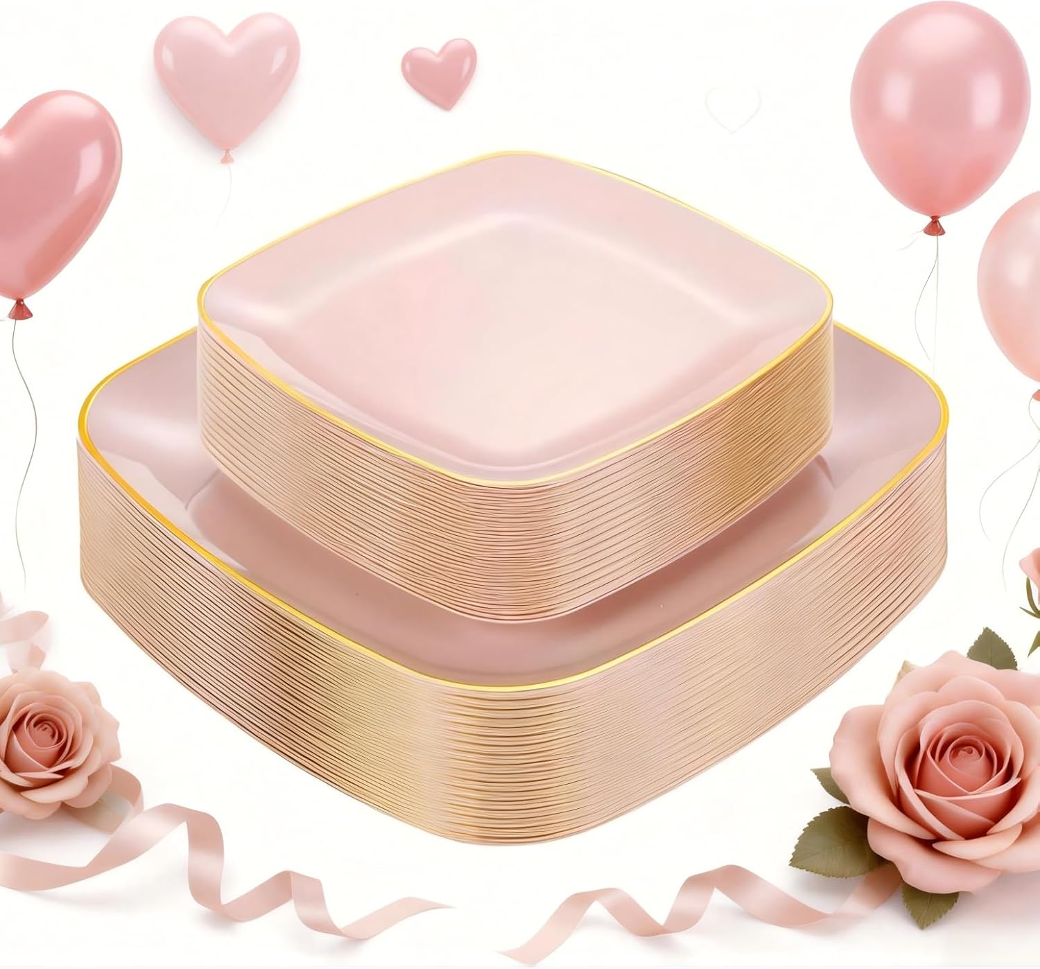 bUCLA 50PCS Pink and Gold Plastic Plates - Heavy Duty Square Pink Disposable - Include 25 Dinner & 25 Dessert Plates for Party & Valentines Day