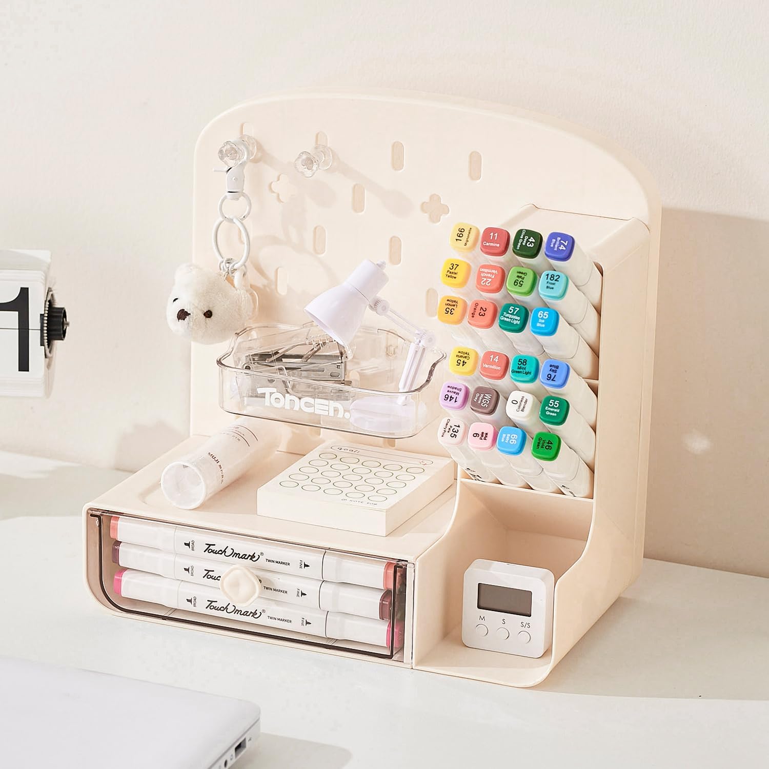 Desk Organizer with Drawers, Wall-Mounted Storage Panel with Hooks Shelves, Space-Saving Multi-Purpose Pen Holder for Home Office, Kitchen, Workshop (White)