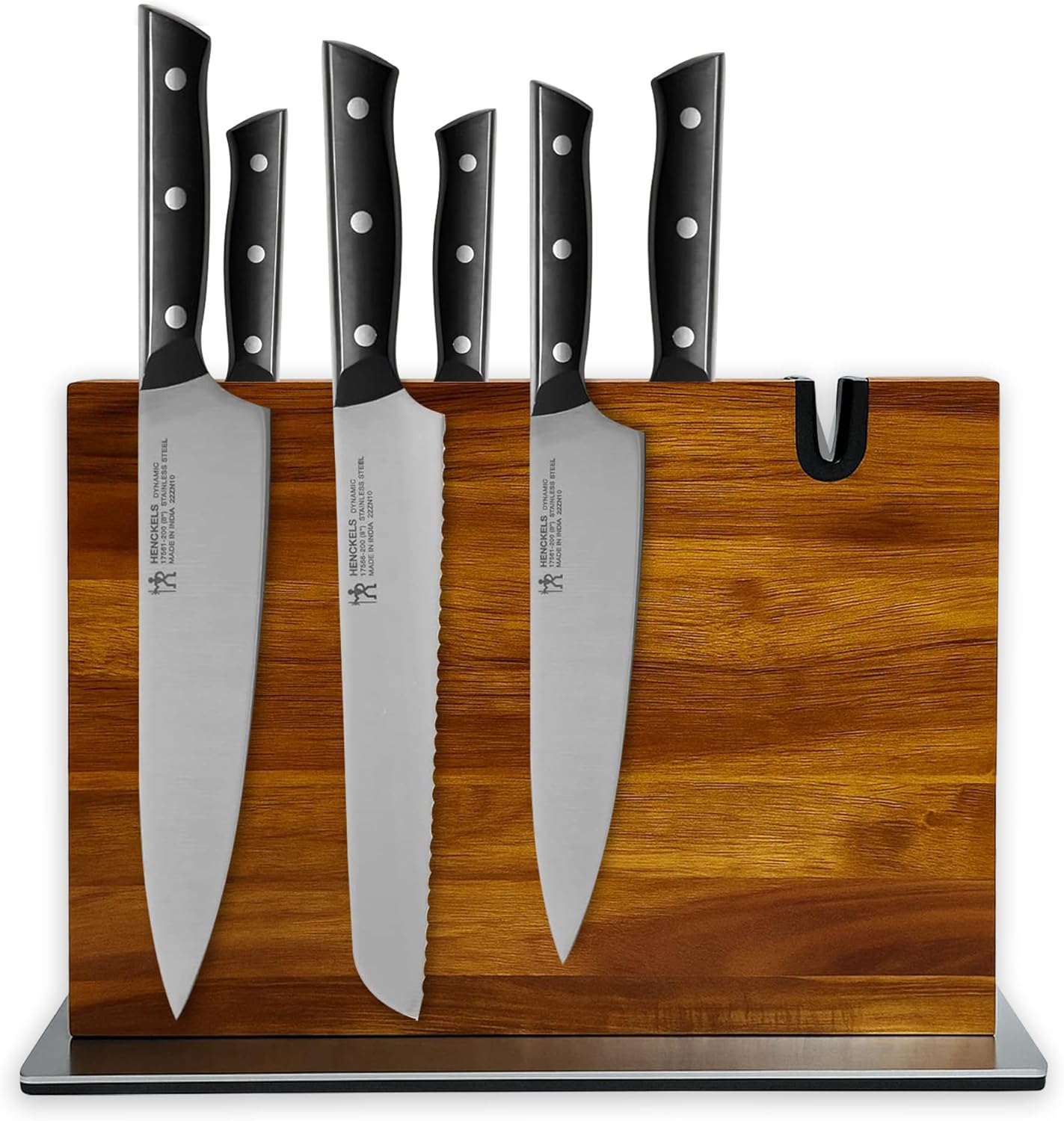 Wooden Magnetic Knife Holder, Acacia Wood Knife Block with Built in Sharpener, Dual Sided Magnet Stand, Cutlery Large Organizer for Kitchen Countertop